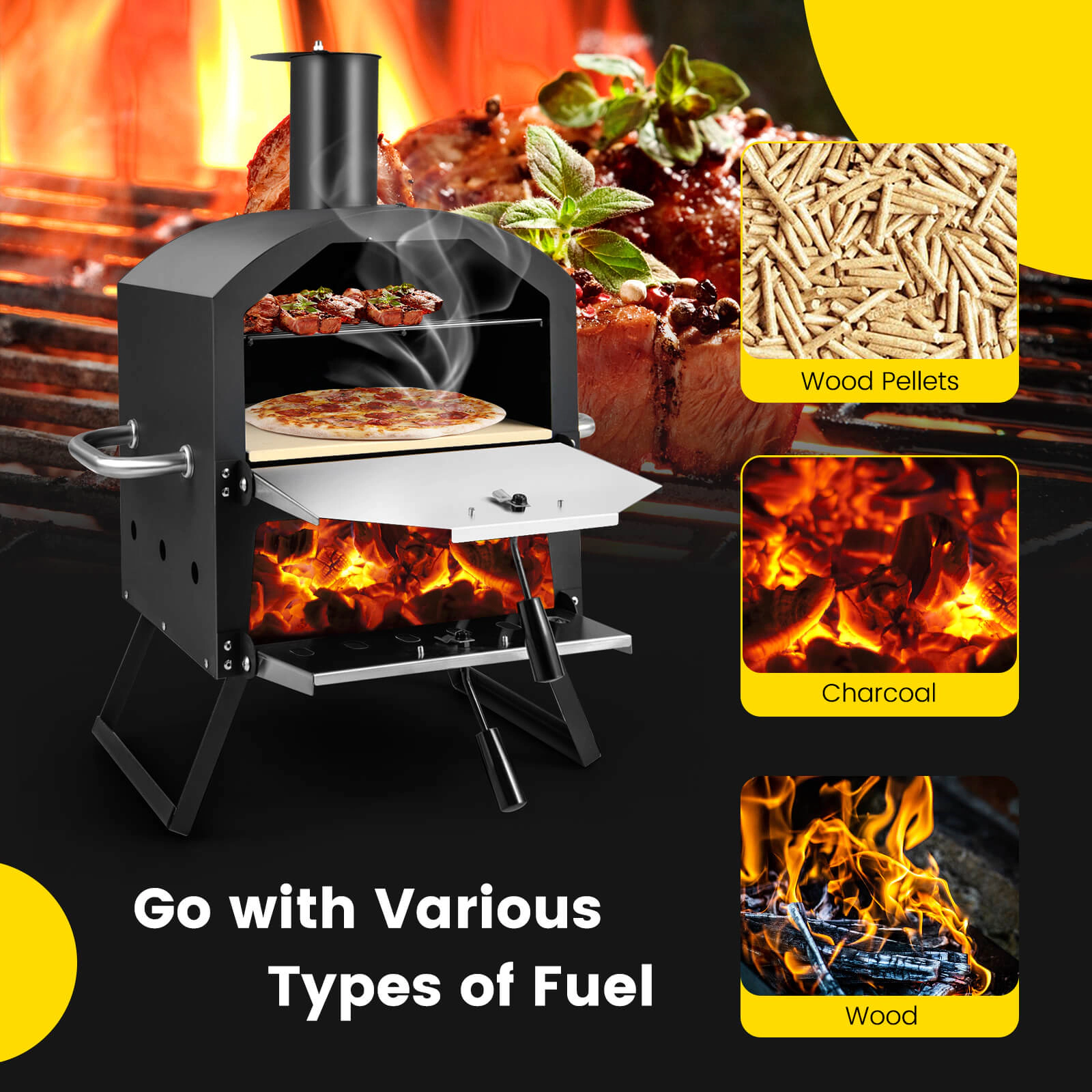 SUGIFT 2-Layer Black Outdoor Pizza Oven with 12-in Pizza Stone Foldable Legs and Anti-Scalding Handles
