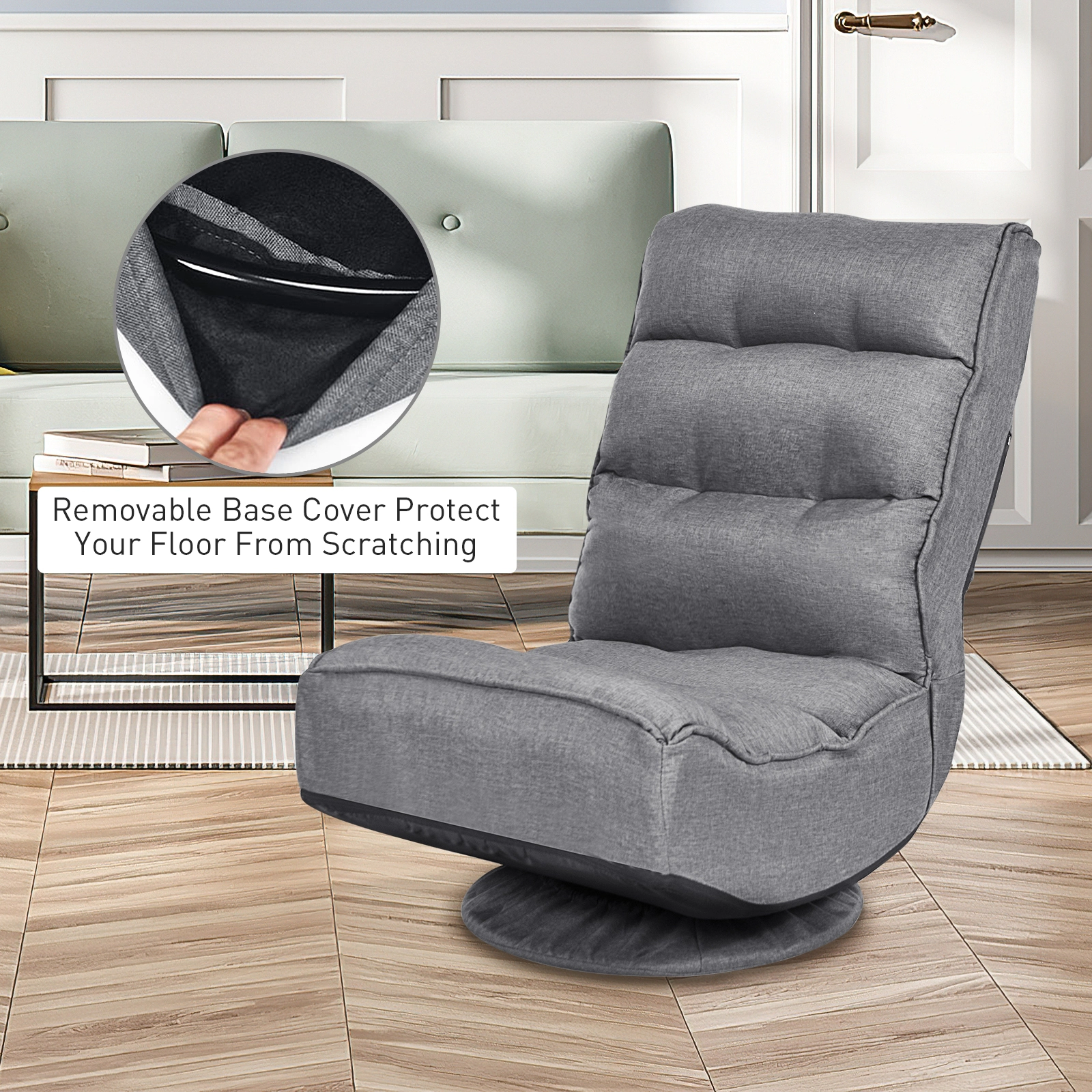 SUGIFT 5-Position Folding Floor Gaming Chair with 360-Degree Swivel Base 300-Lb Capacity Gray