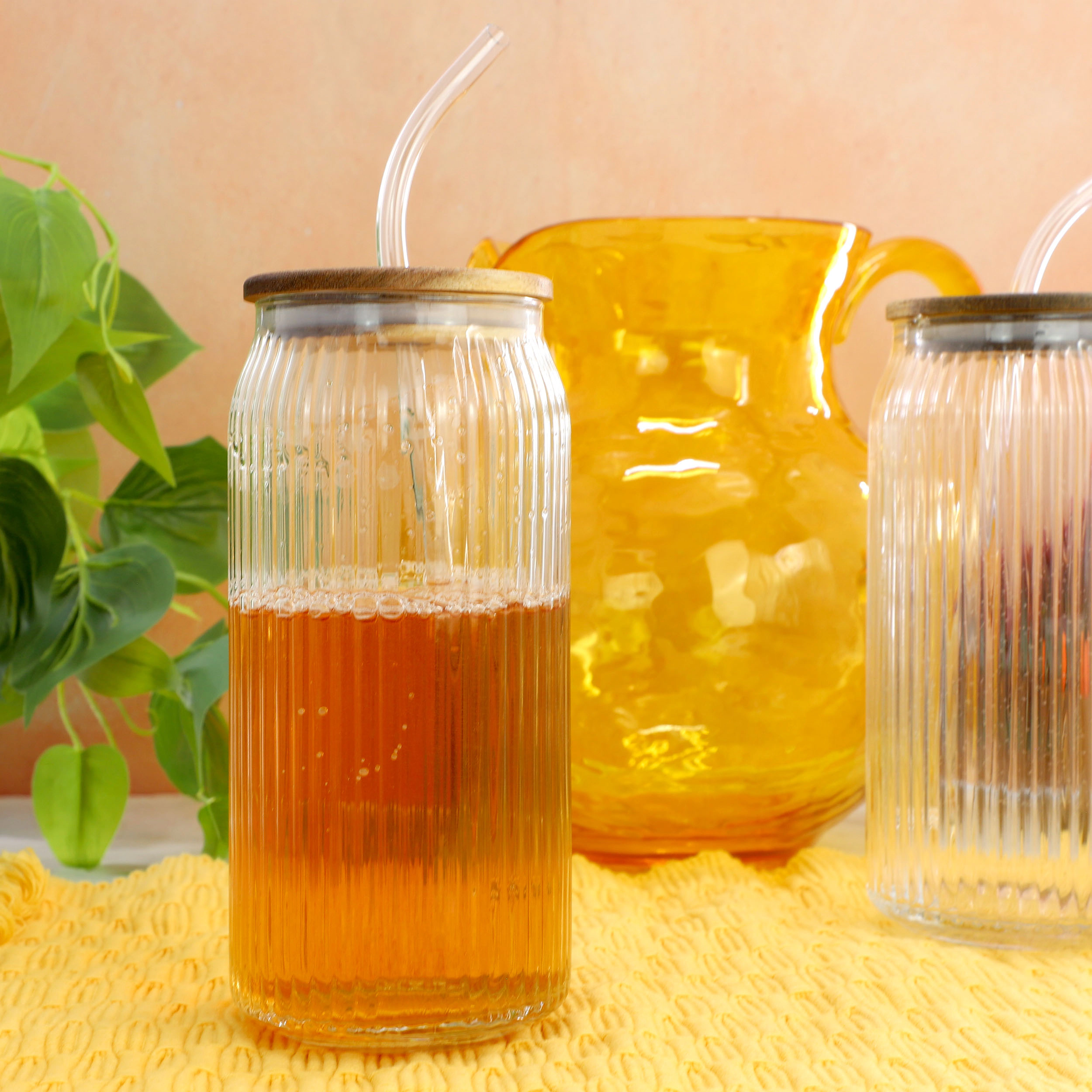 Gibson Homewares Zanita 21 Ounce 6-Piece Set Handmade Glass Tumbler with Straw and Acacia Wood Lid