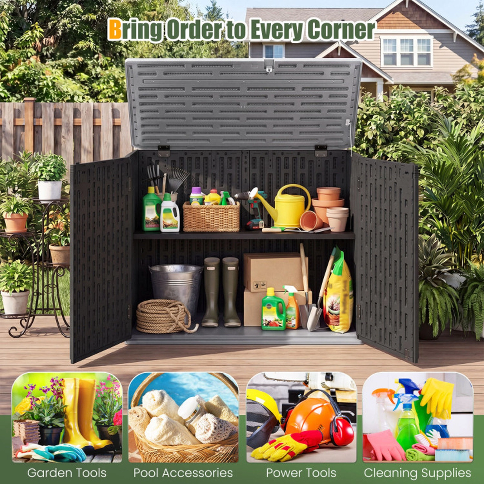 SUGIFT 20-Cu-Ft Lockable 3-Door Resin Horizontal Outdoor Storage Shed 46.5-in x 25-in x 37-in 860-lb Capacity Black