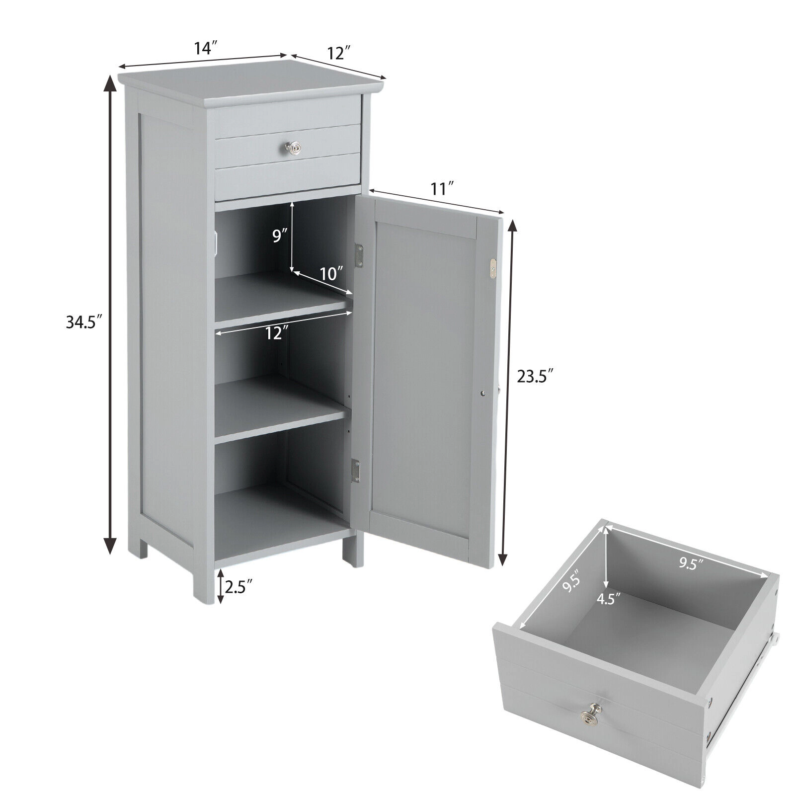 Glintex Wooden Bathroom Cabinet with Drawer 2 Shelves and Anti-Slip Foot Pads