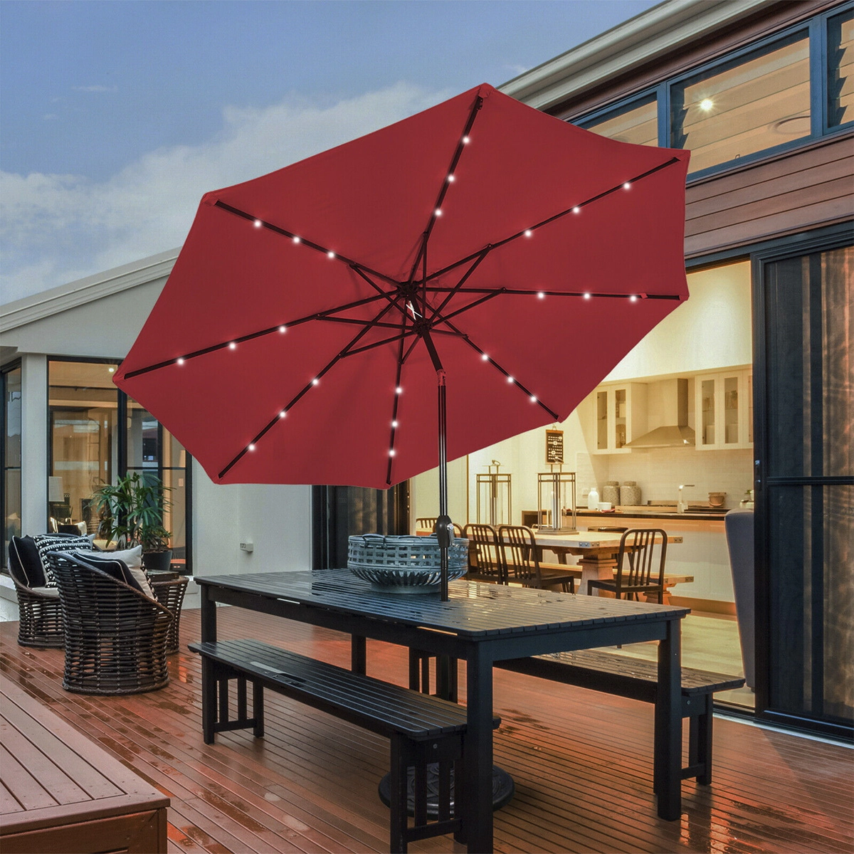 SUGIFT Push Button Tilt and Crank Lift 10 FT Solar LED Lighted Market Patio Umbrella