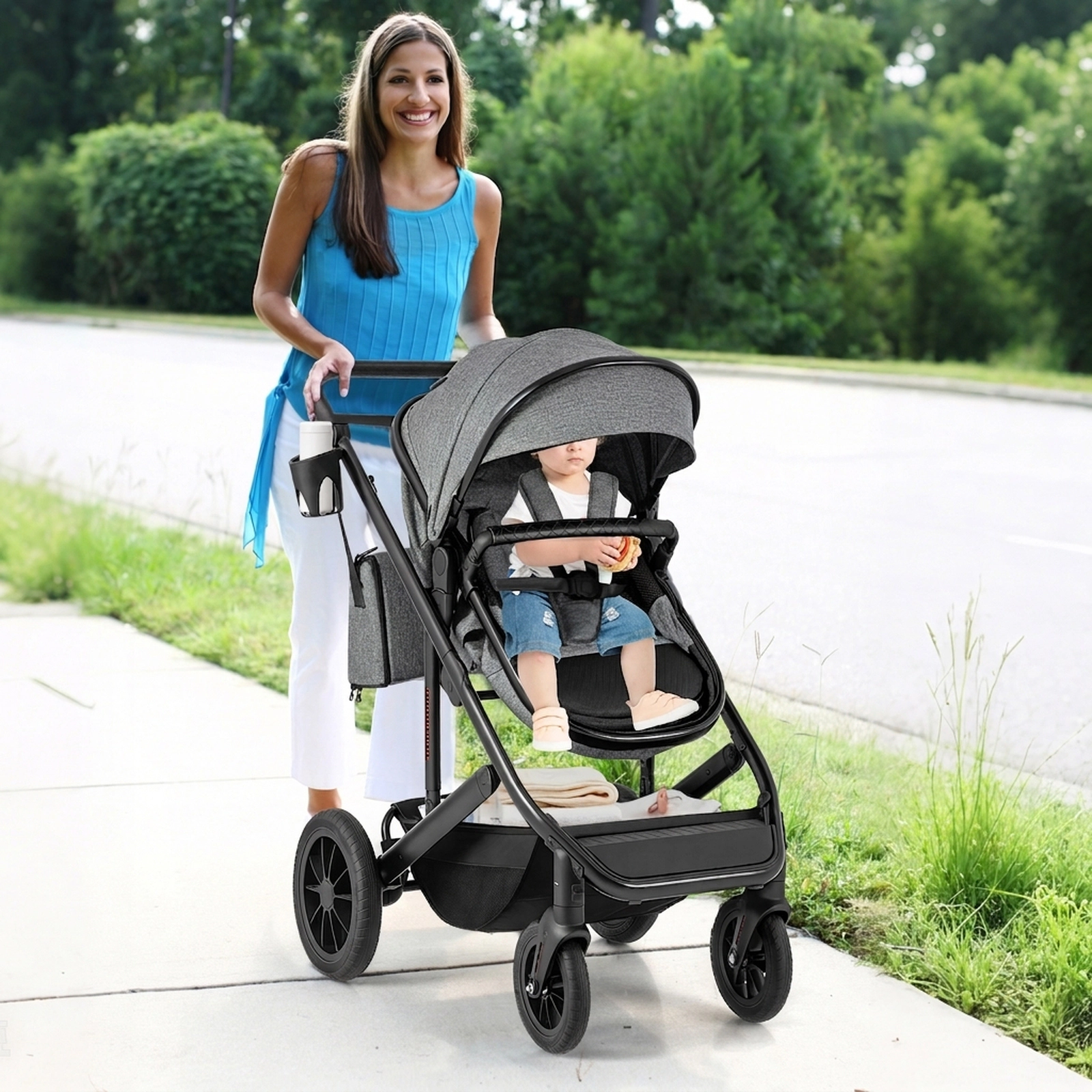 SUGIFT Baby Gray 3-in-1 Folding Stroller with Detachable Bassinet and Diaper Bag 38-in W 48-lb Seat Capacity