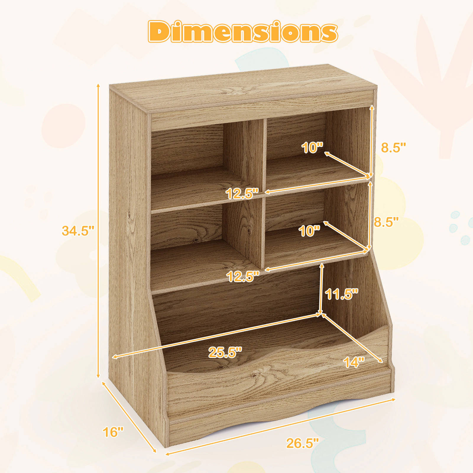 SUGIFT Kids 3-Tier Large Storage Bin 4 Cubbies Wooden Floor Bookcase 26.5-in x 16-in x 34.5-in 44-lb Bin Natural