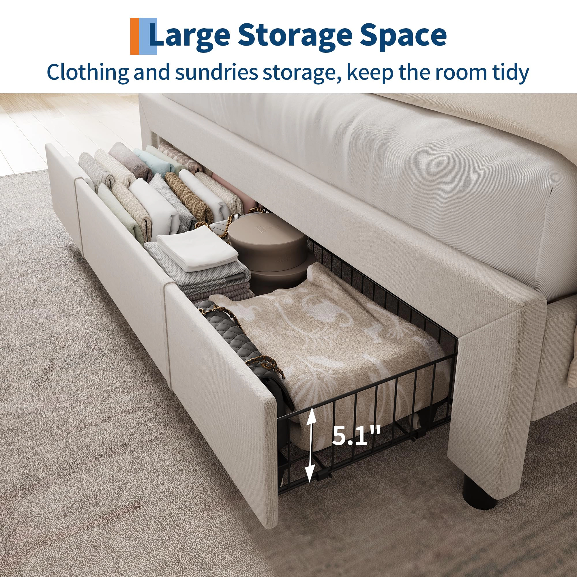 BebreezChic Upholstered Platform Bed Frame with Storage Headboard, Charging Station and Drawers
