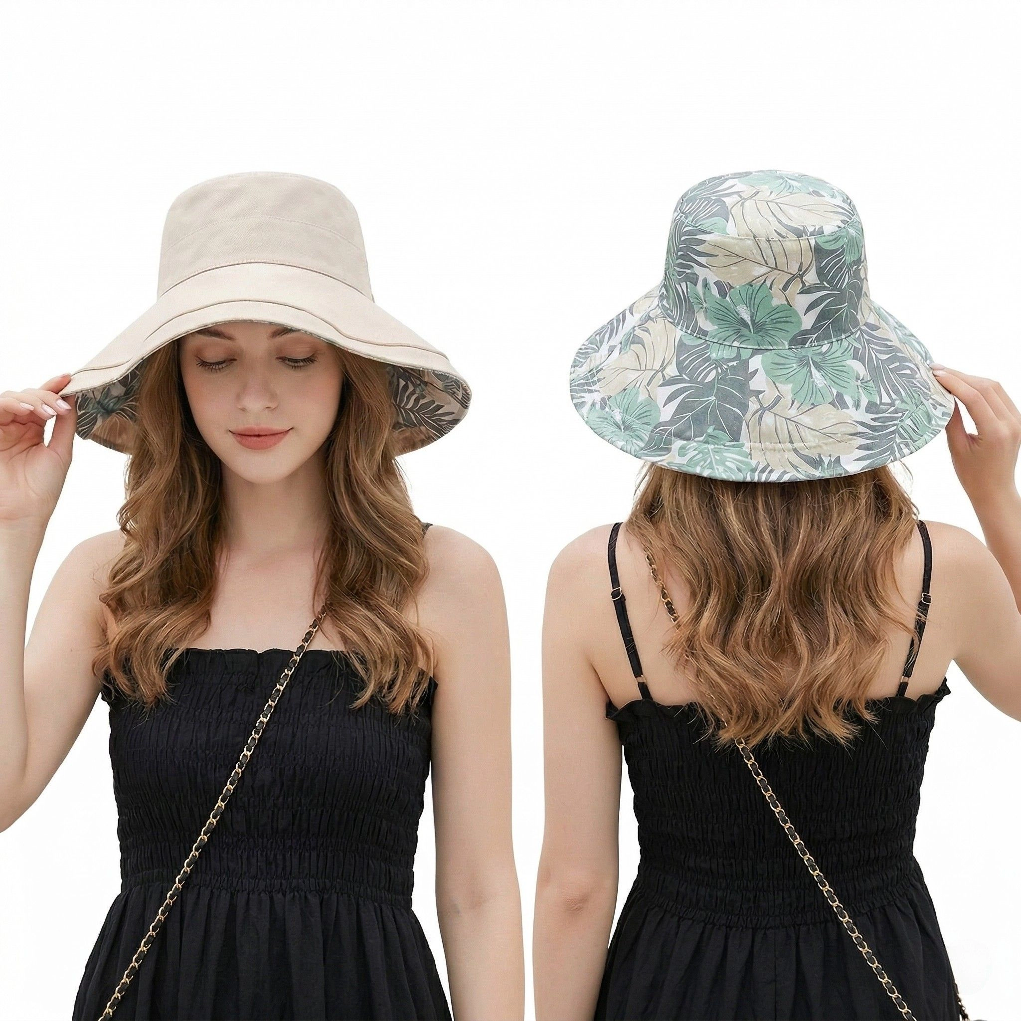 Anna-Kaci Women's Reversible Floral Bucket Hat Wide Brim Sun UV Protection Beach Travel Cap, Black