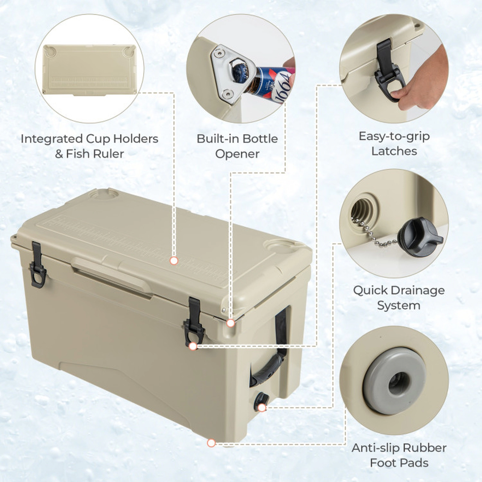 SUGIFT Tan 50-qt 220-lb Capacity Rotomolded Hard Cooler Ice Chest with Cup Holders and Bottle Opener