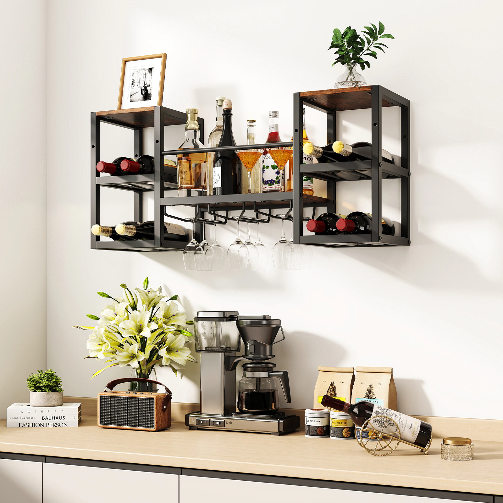 SUGIFT Wall Mounted Wine Rack Rustic Brown with Glass Holder and 8 Bottle Slots