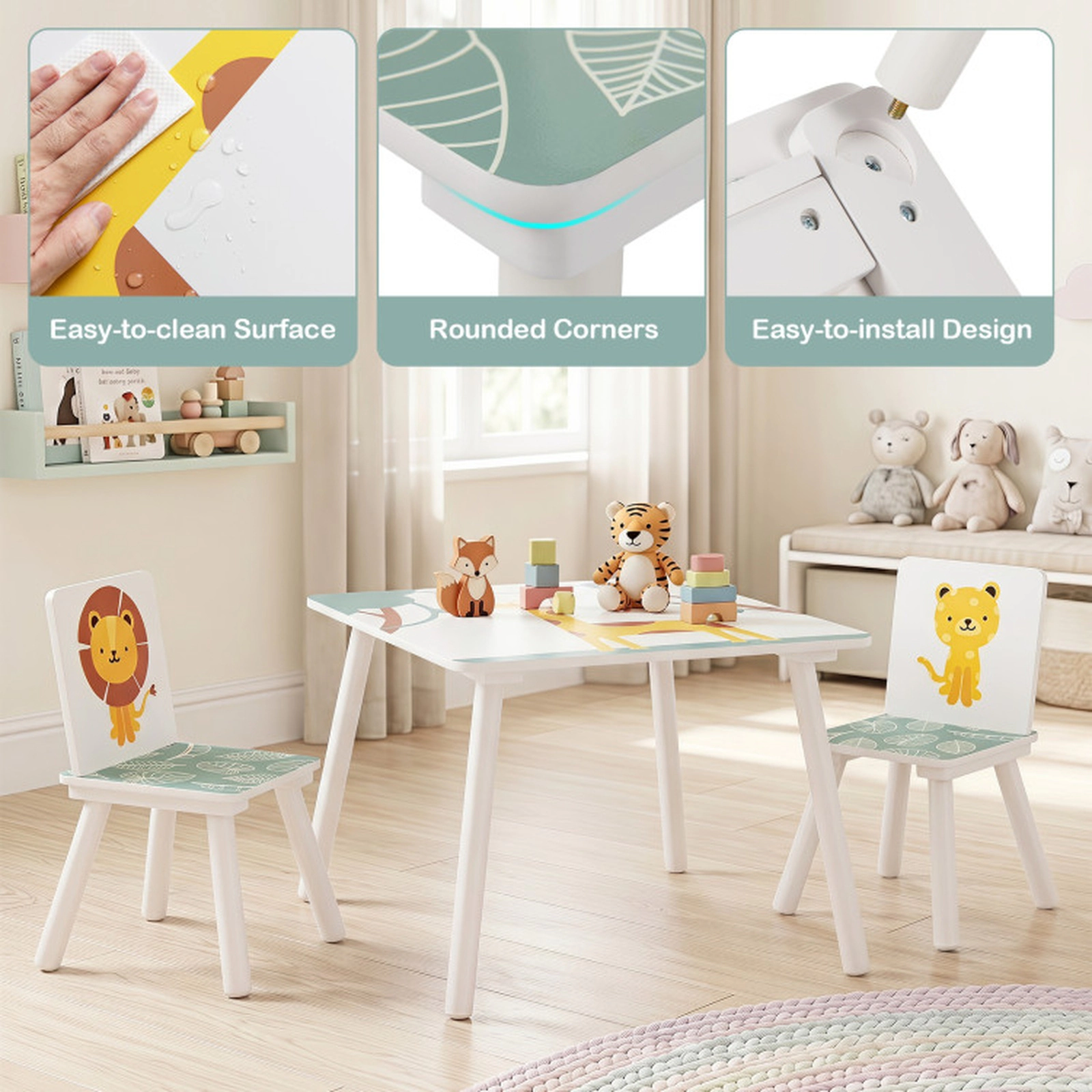 SUGIFT White Animal Patterns for Ages 3-6 3-Piece Kids Wooden Table and Chairs Set