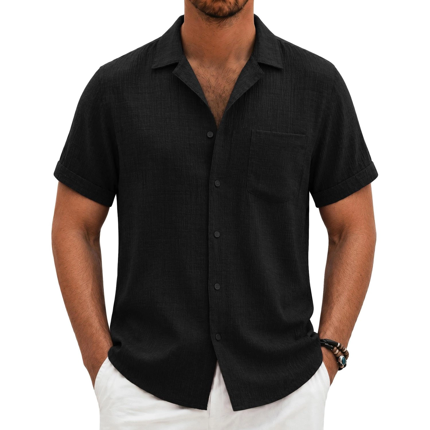 COOFANDY Mens Casual Short Sleeve Button Down Shirt  Lapel Collar Pocket Tops