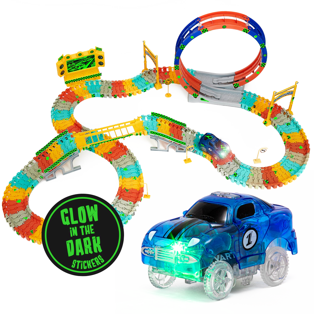JitteryGit Kids Glow Race Track Set - 182-Piece Track with Loop, Bridge & Glow Stickers