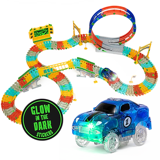 JitteryGit Kids Glow Race Track Set - 182-Piece Track with Loop, Bridge ...