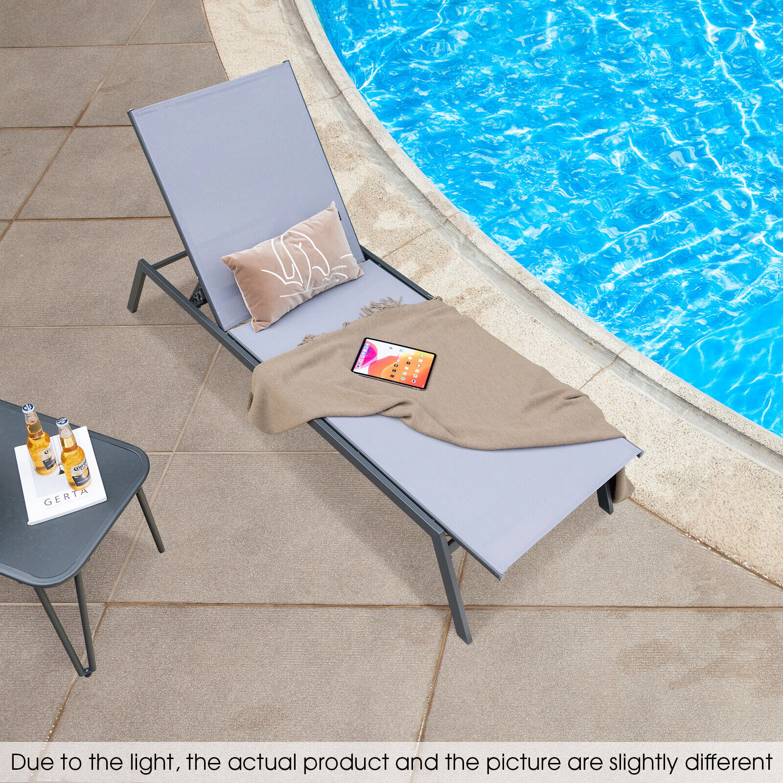 Outdoor Chaise Lounge Chair with 6-Position Backrest and Lay Flat Sunbathing Position Quick-Drying Fabric Steel Grey