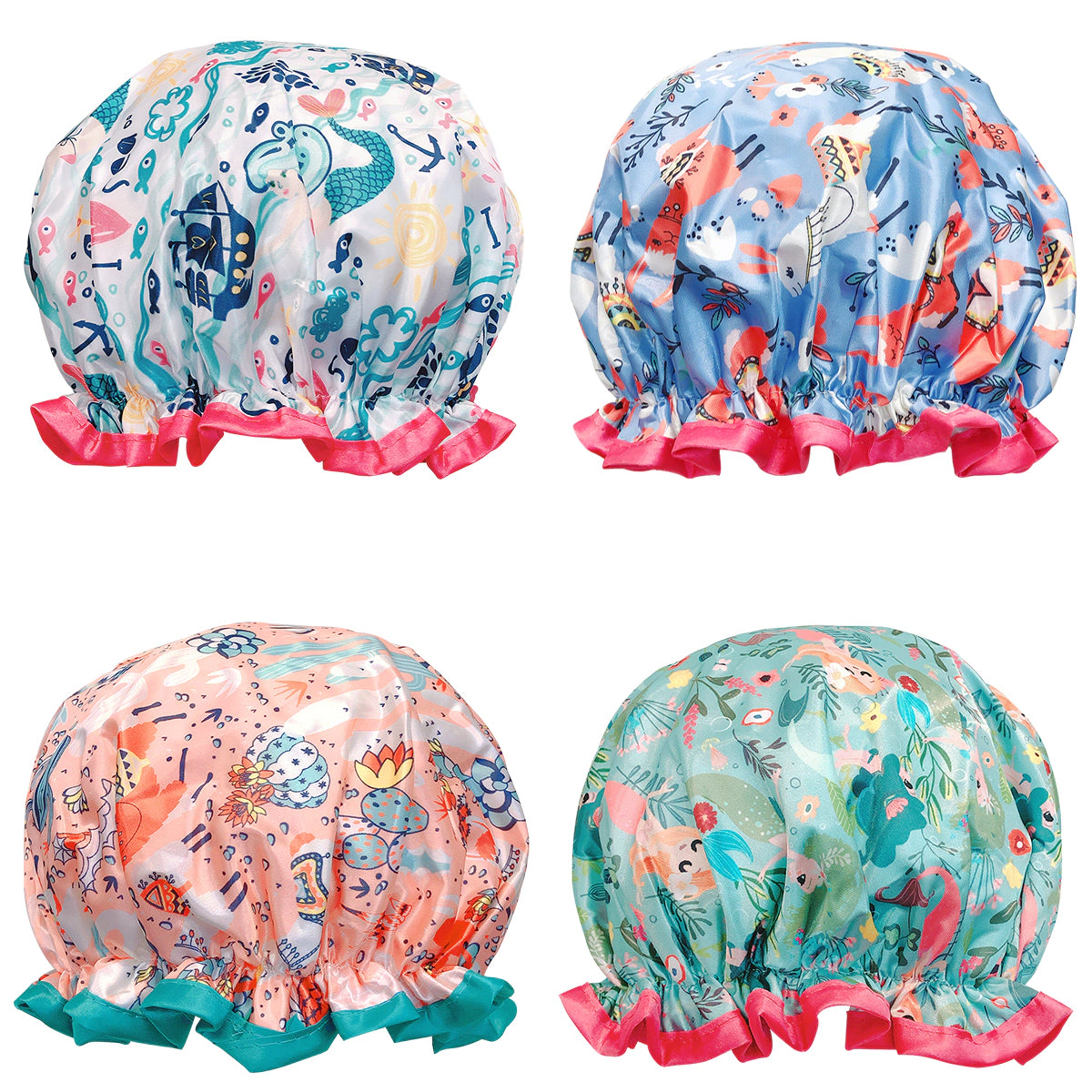 Wrapables Women's Stylish Double Layer Waterproof Shower Caps (Set of 4), Llamas & Ocean Fun