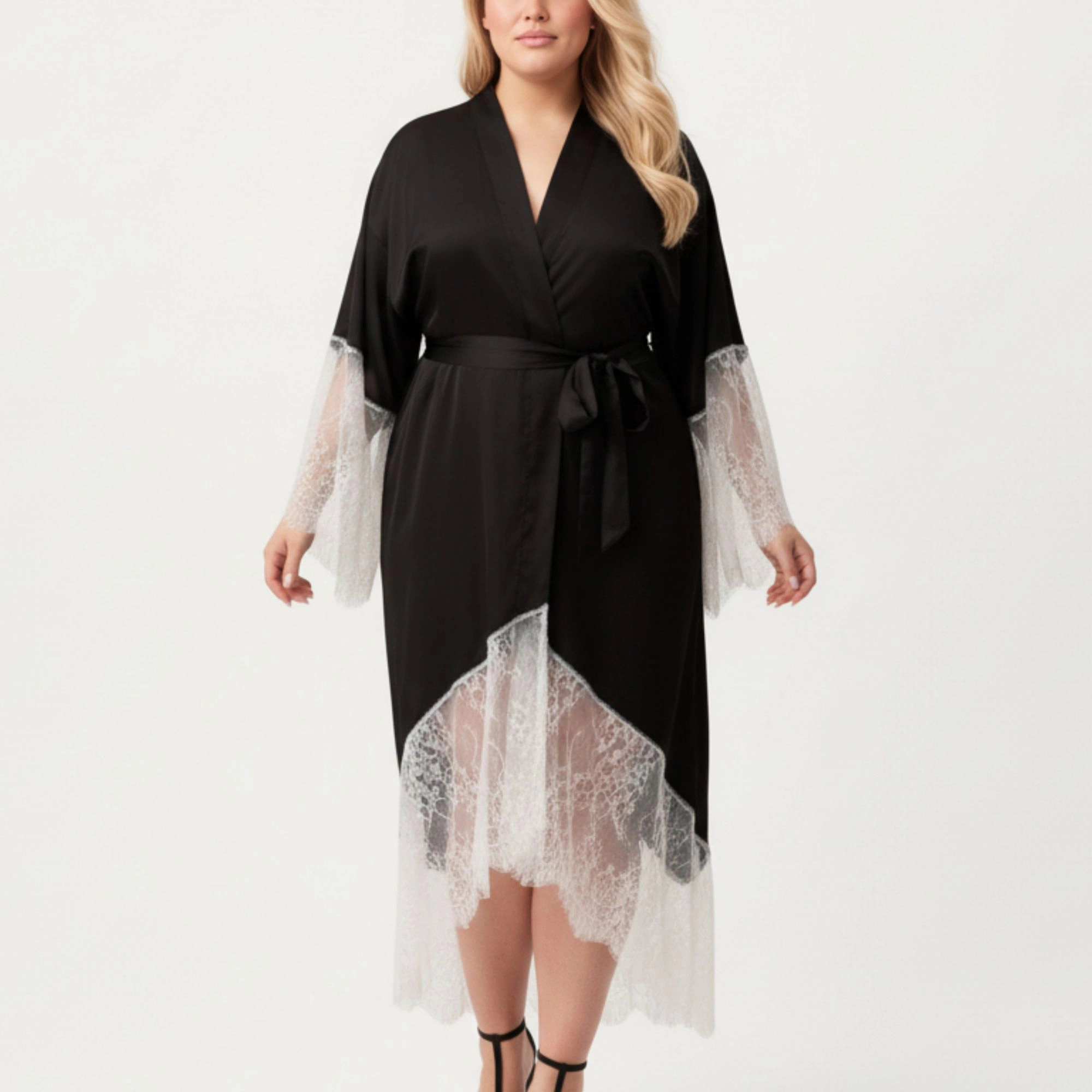 Anna-Kaci Women's Plus Long Robe with Sheer Lace Hem and Sleeve Detailing Soft Flowing Fabric
