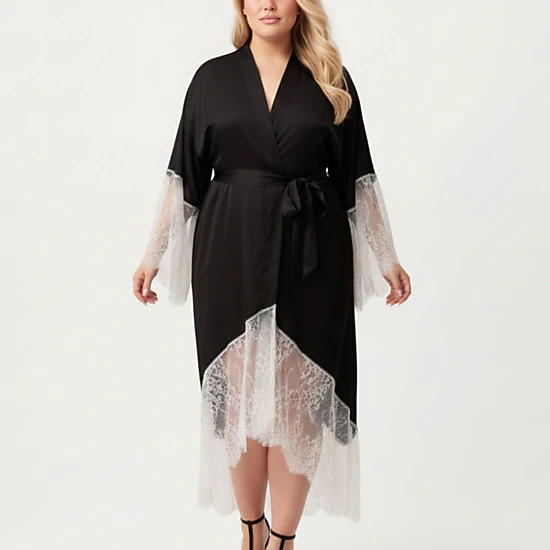Anna-Kaci Women's Plus Size Long Robe with Sheer Lace Hem and Sleeve Detailing and Soft Flowing Fabric