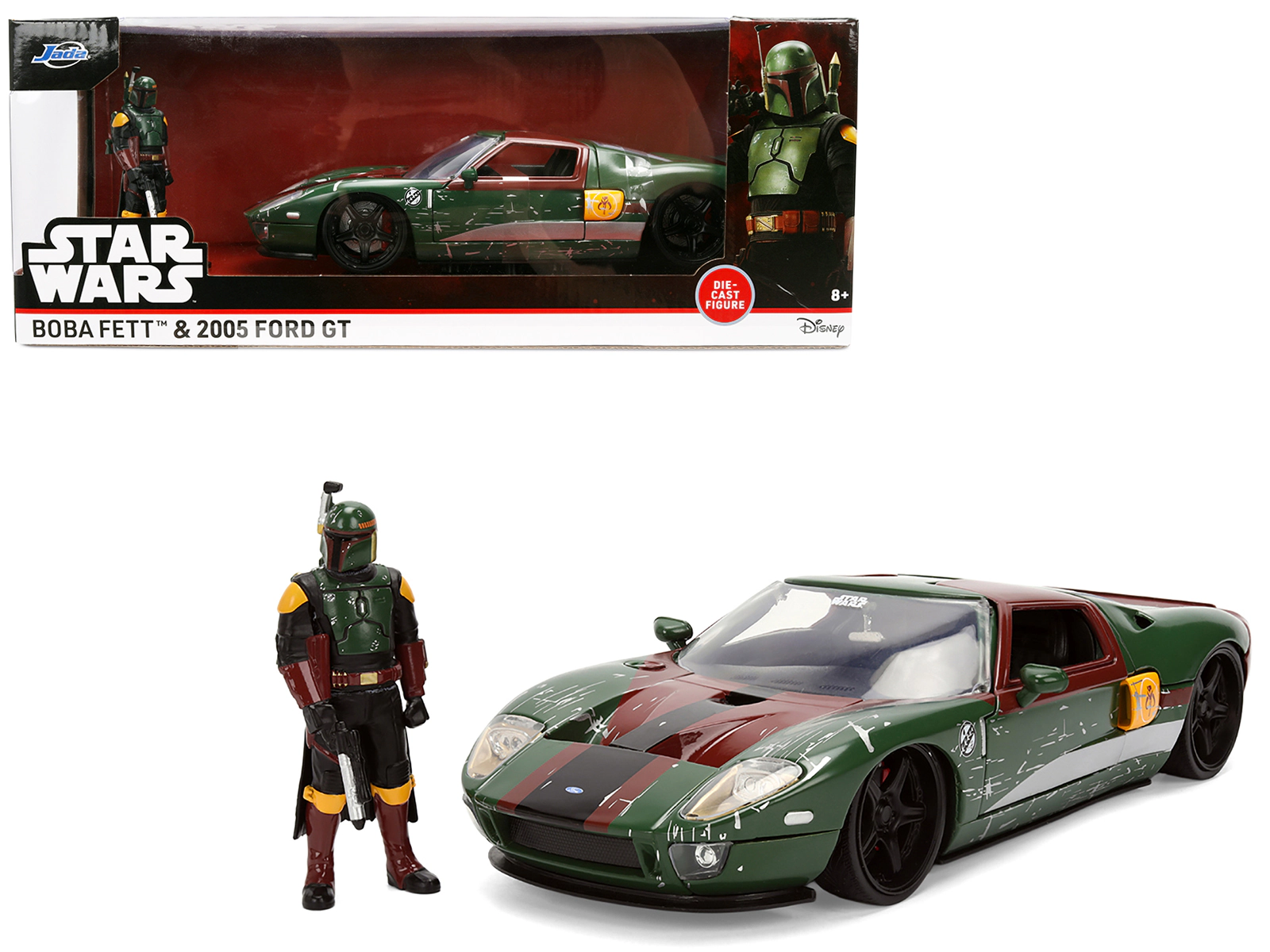 Jada 2005 Ford GT Green (Weathered) with Graphics and Boba Fett Figure "Star Wars" Franchise "Hollywood Rides"