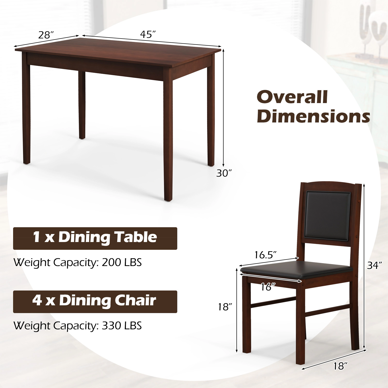 Hivvago 5-Piece Dining Set for 4 with Rubber Wood Legs for Small Dining Room