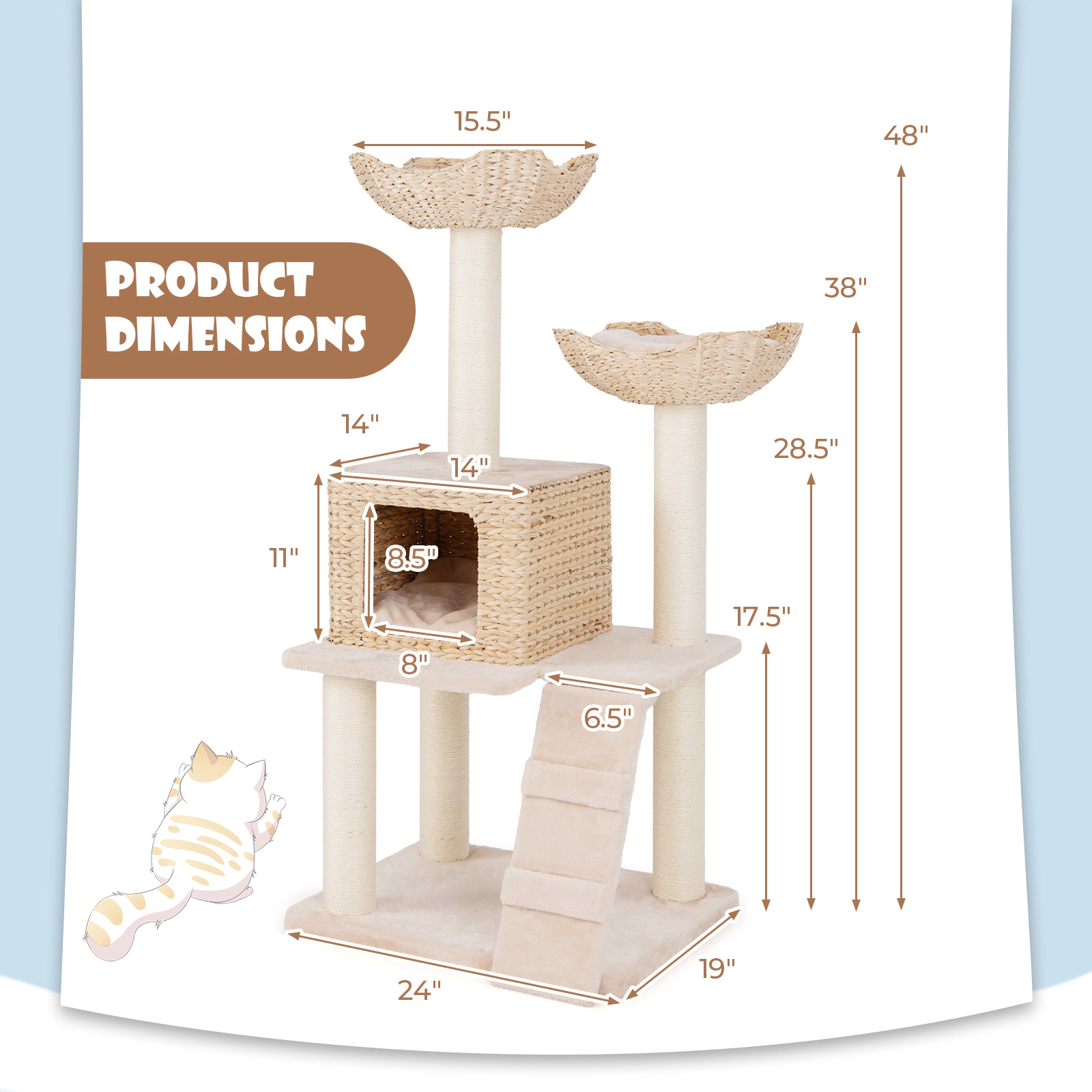 SUGIFT Beige 48 in Cattail Cat Tower with 5 Sisal Posts Perch Condo and Ladder
