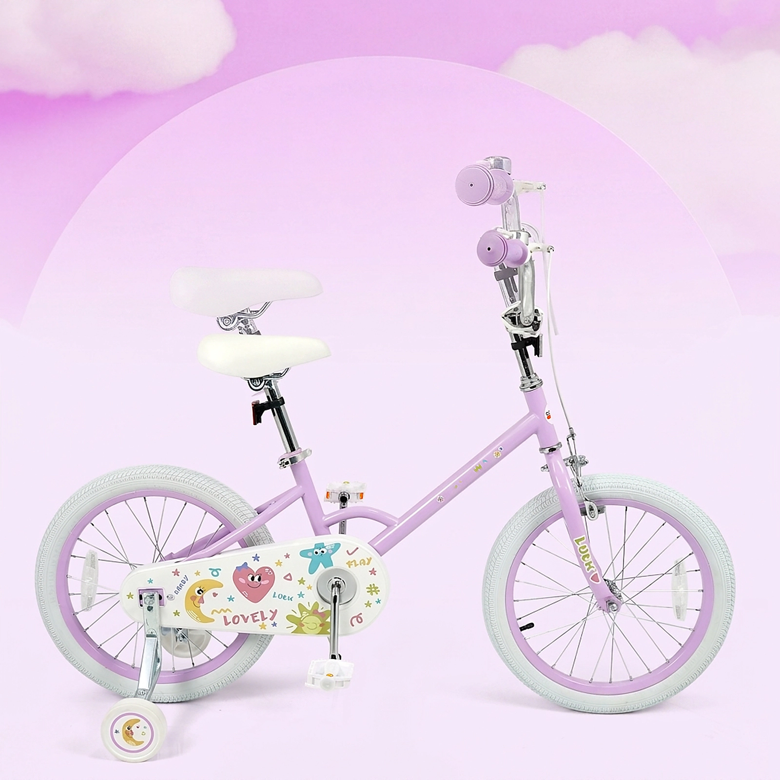 18-in Kids Bike Anti-Slip Handlebars Pedals Kickstand 2 Removable Training Wheels Ages 4-8 Purple Stars/Moon