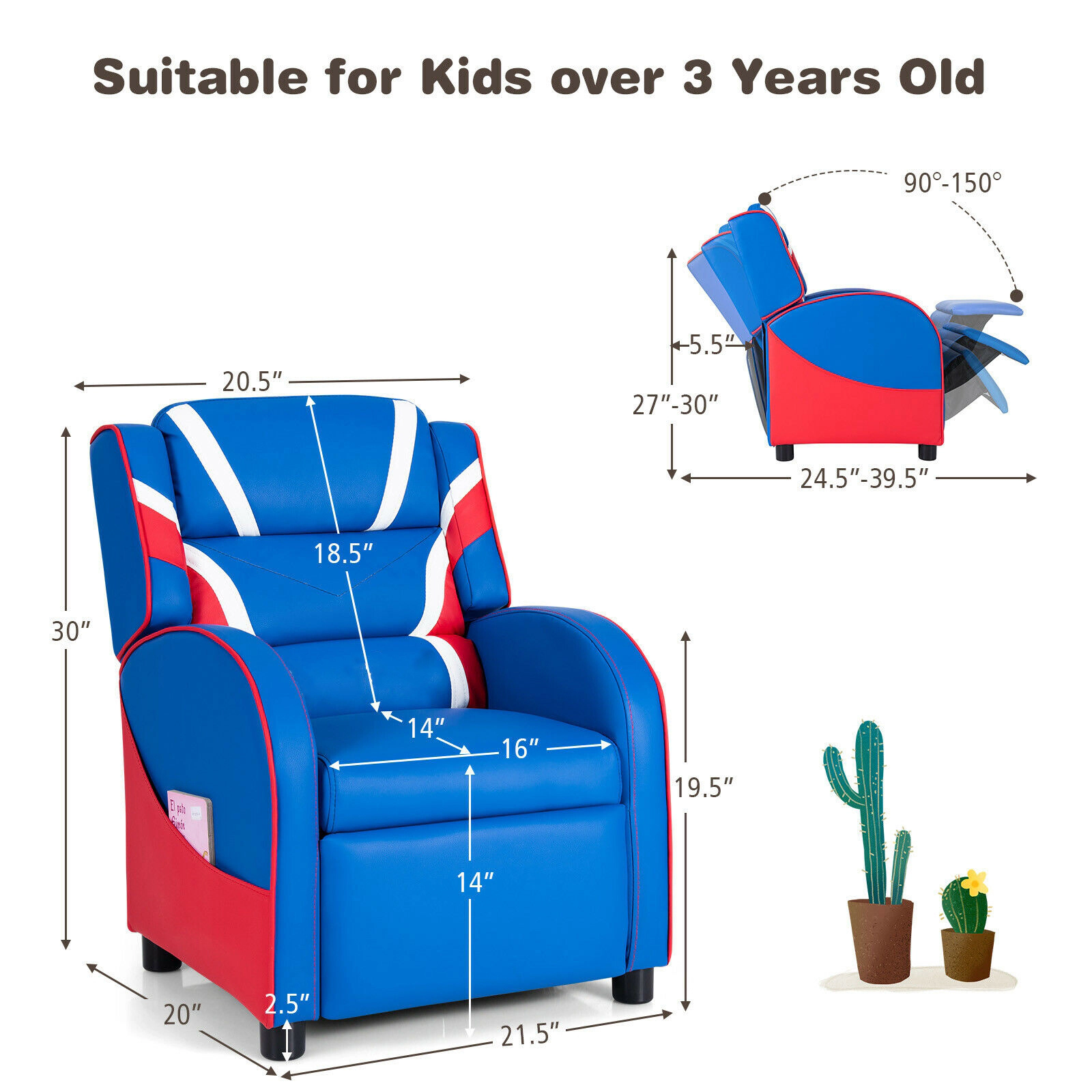 SUGIFT Adjustable PU Leather Kids Recliner Chair with Side Pockets 155-lb Capacity Ages 3-9 30-in Tall Blue