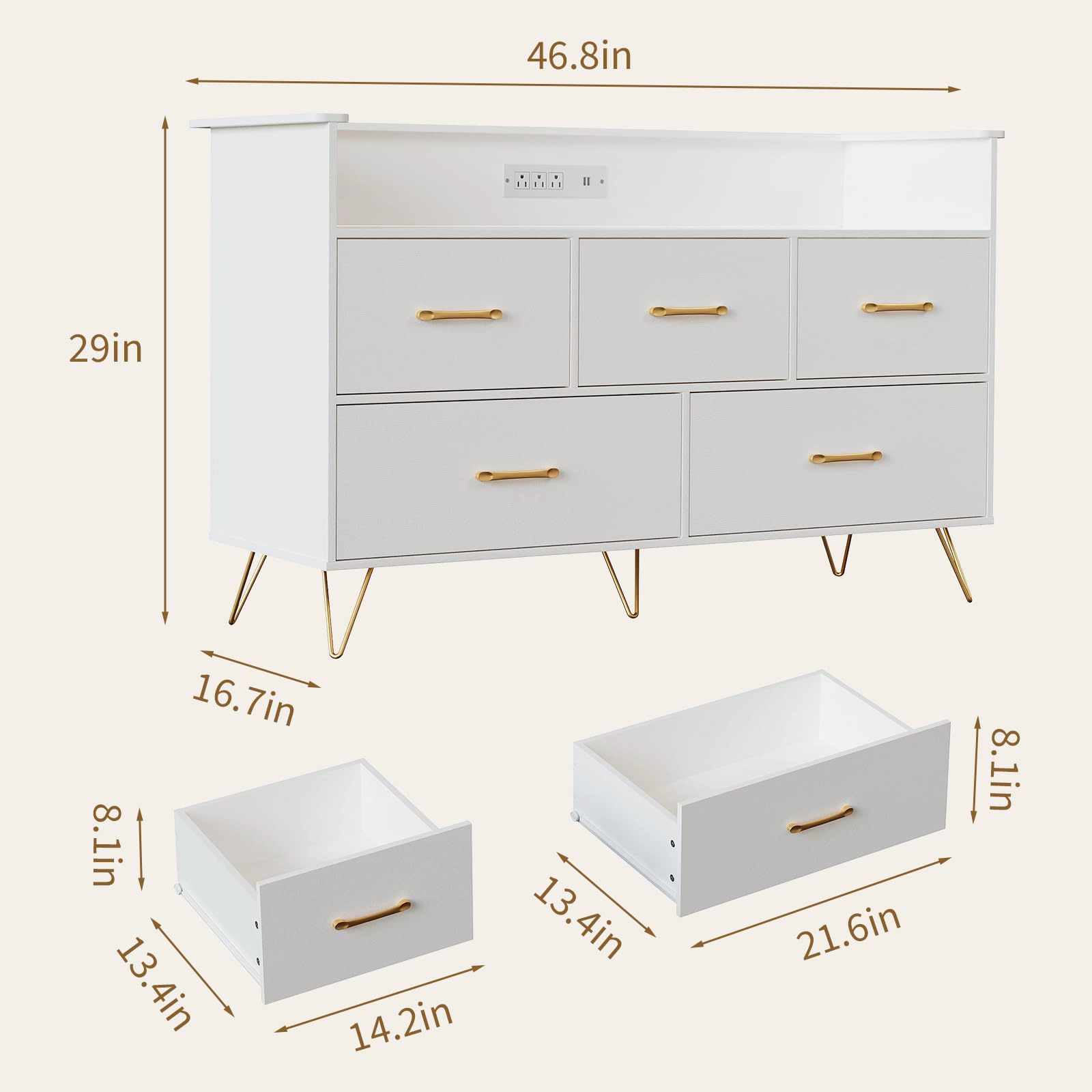 47" 5 Drawer Dresser with LED Lights & Charging Station, Wood Storage Chest