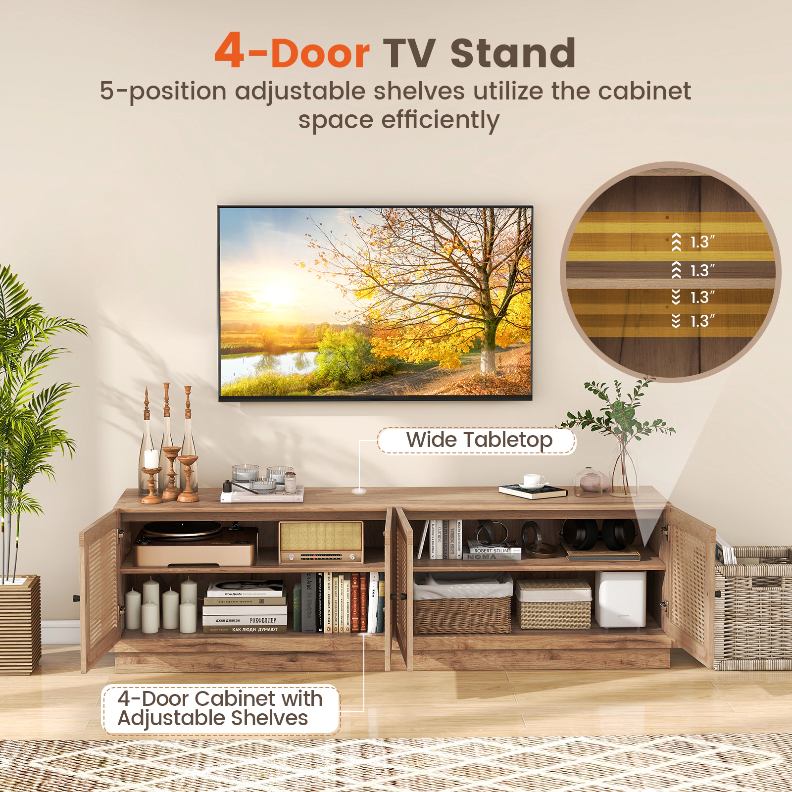 SUGIFT Farmhouse TV Stand with PE Rattan Doors for TVs up to 75 Inches 220-lb Tabletop Capacity Oak