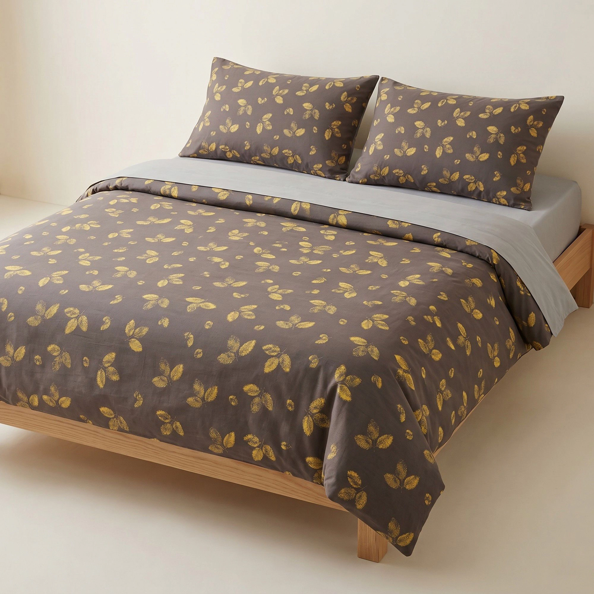 Alilang Unisex 4-Piece Cotton Bedding Set with Leaf Print Duvet Cover, Pillowcases, and Flat Sheet