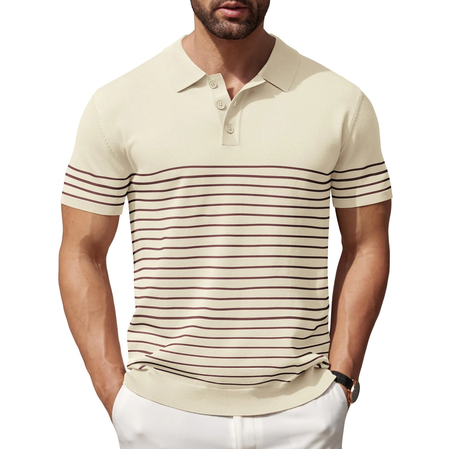COOFANDY Mens Striped Polo Shirt Short Sleeve Button Placket Collared  Tops
