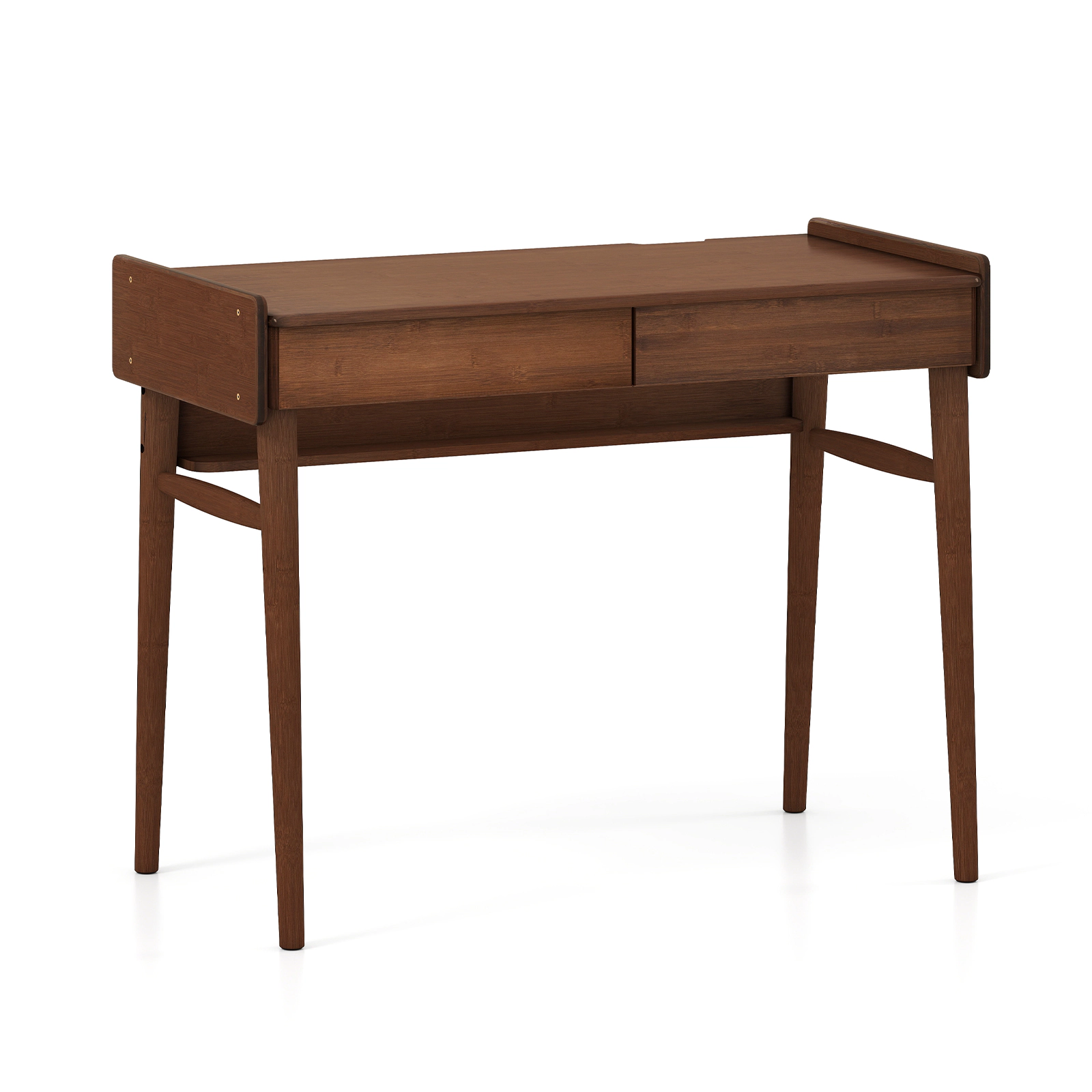 SUGIFT 39.5 in Bamboo Writing Desk Walnut with 2 Storage Drawers and Open Shelf