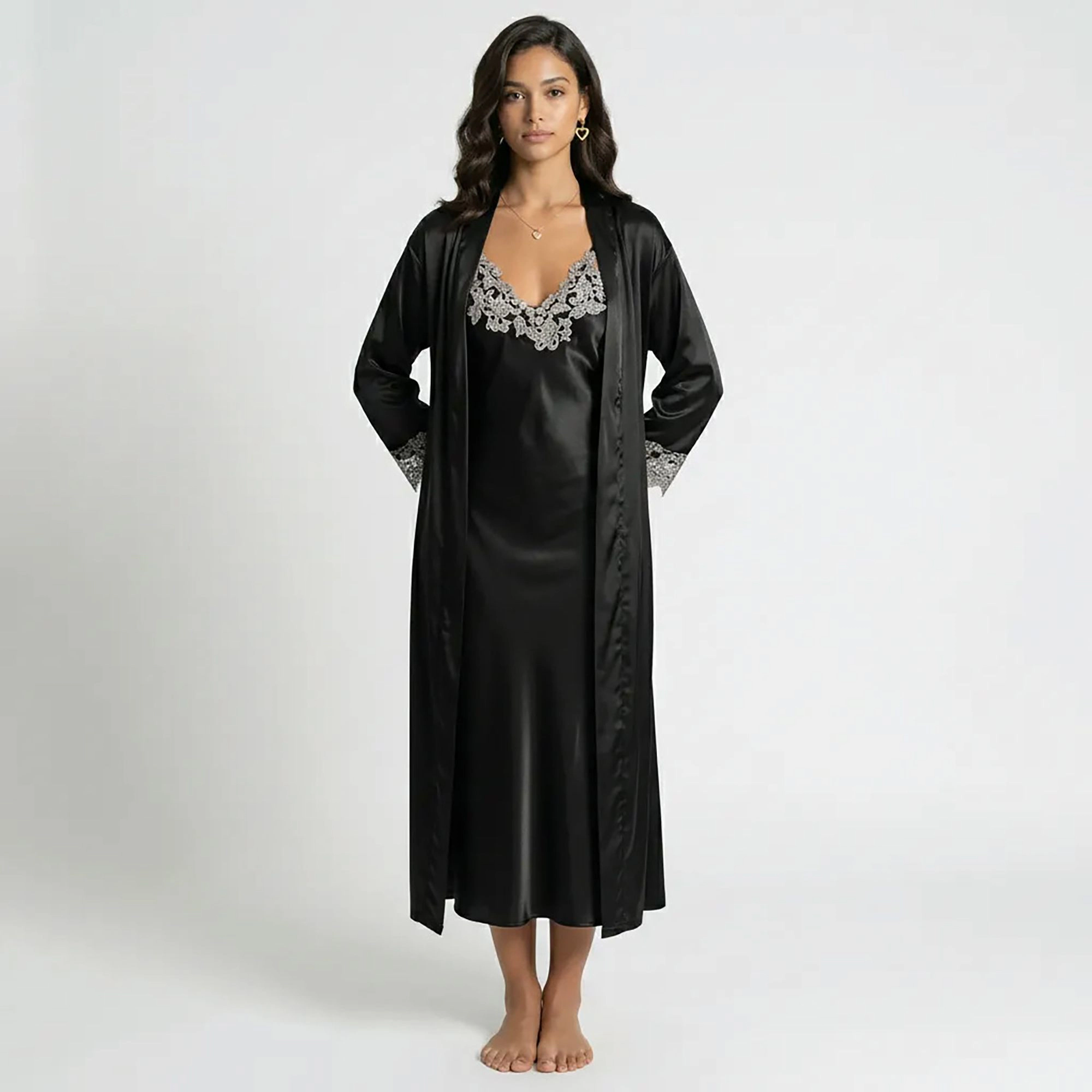 Anna-Kaci Women's Satin Long Robe and Lace Trim Nightgown Set