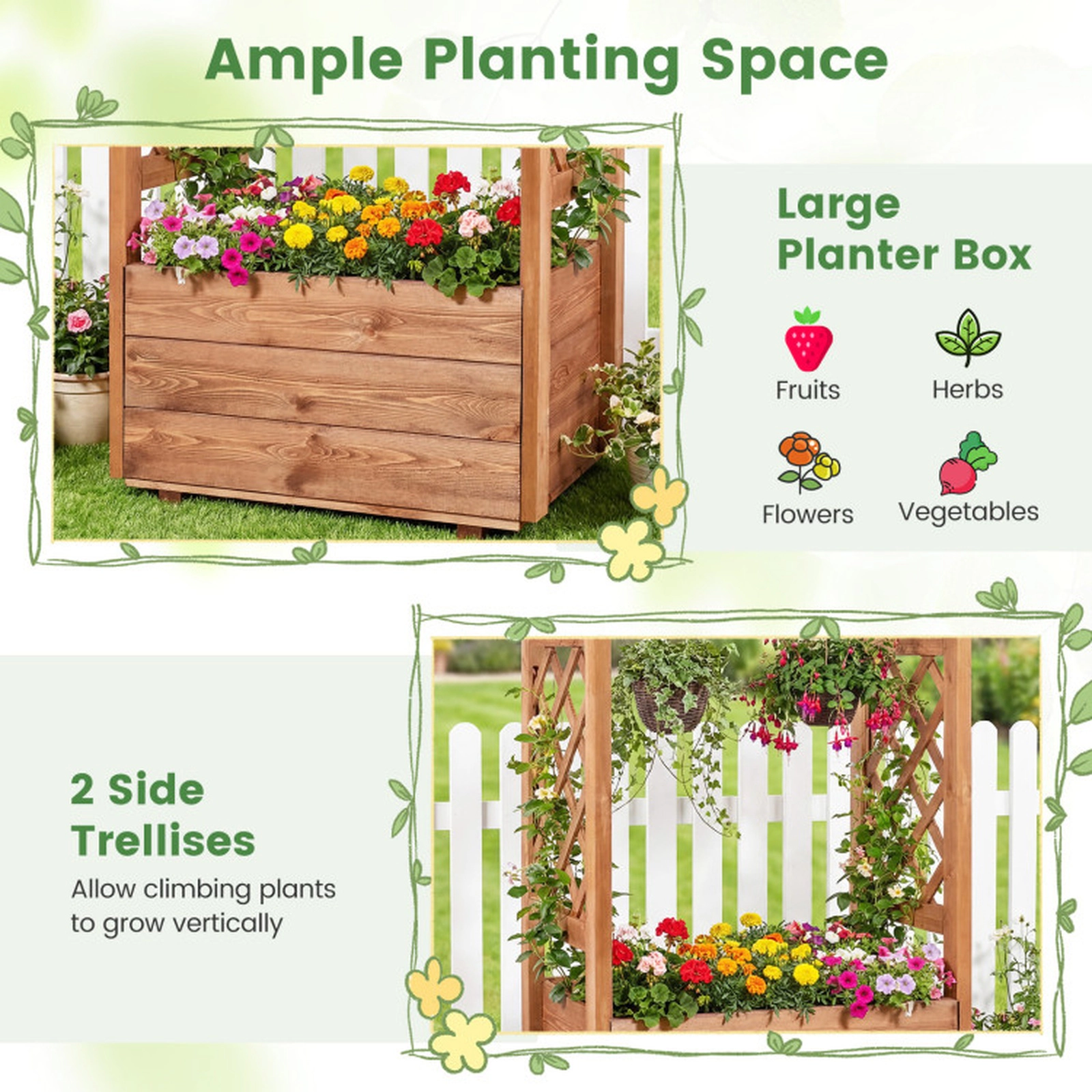 SUGIFT 41-in Tall Pine Wood Raised Garden Bed Elevated Planter Box with 2 Side Trellises and Hanging Roof
