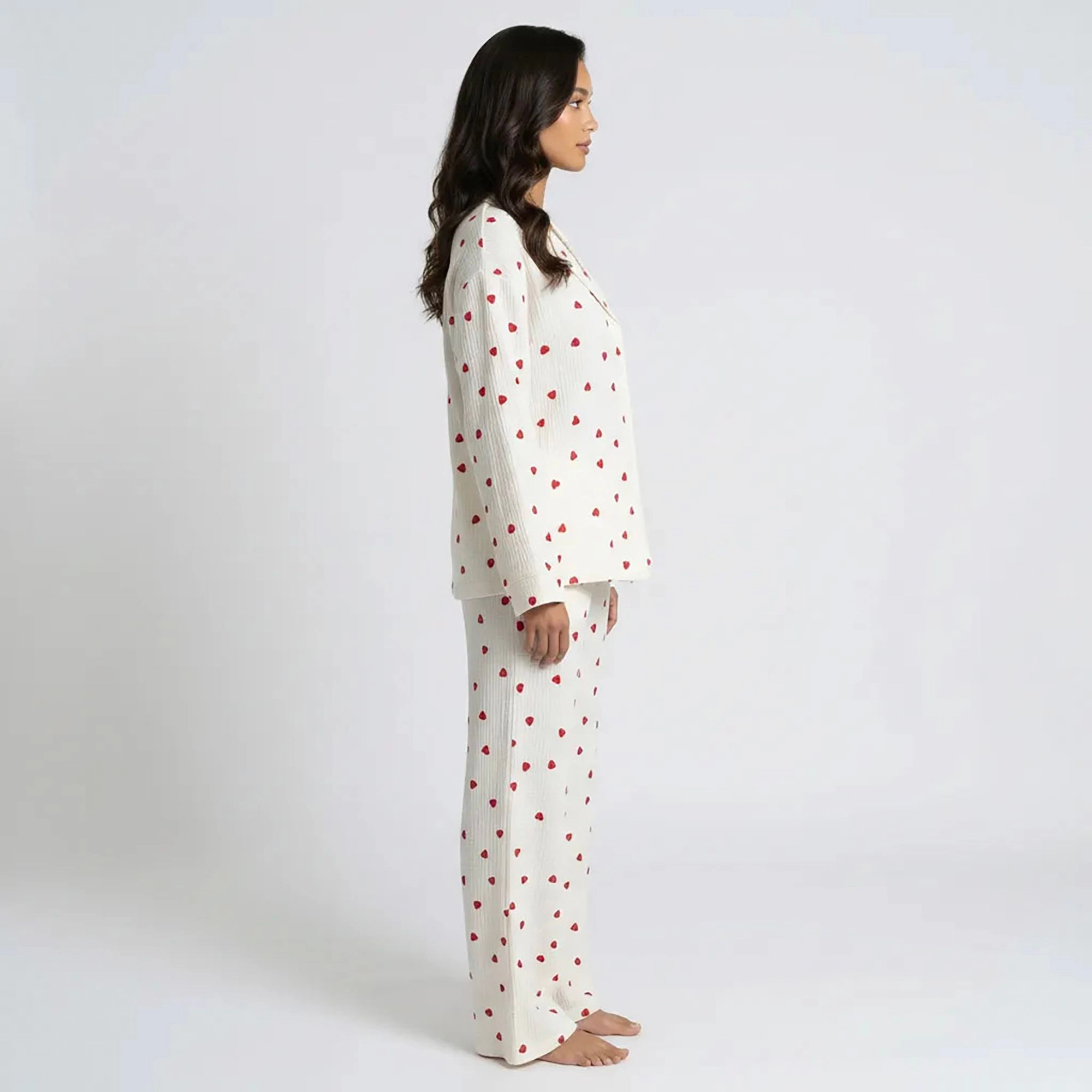 Anna-Kaci Women's Button Up Valentine Pajama Set with Heart Print and Notched Collar