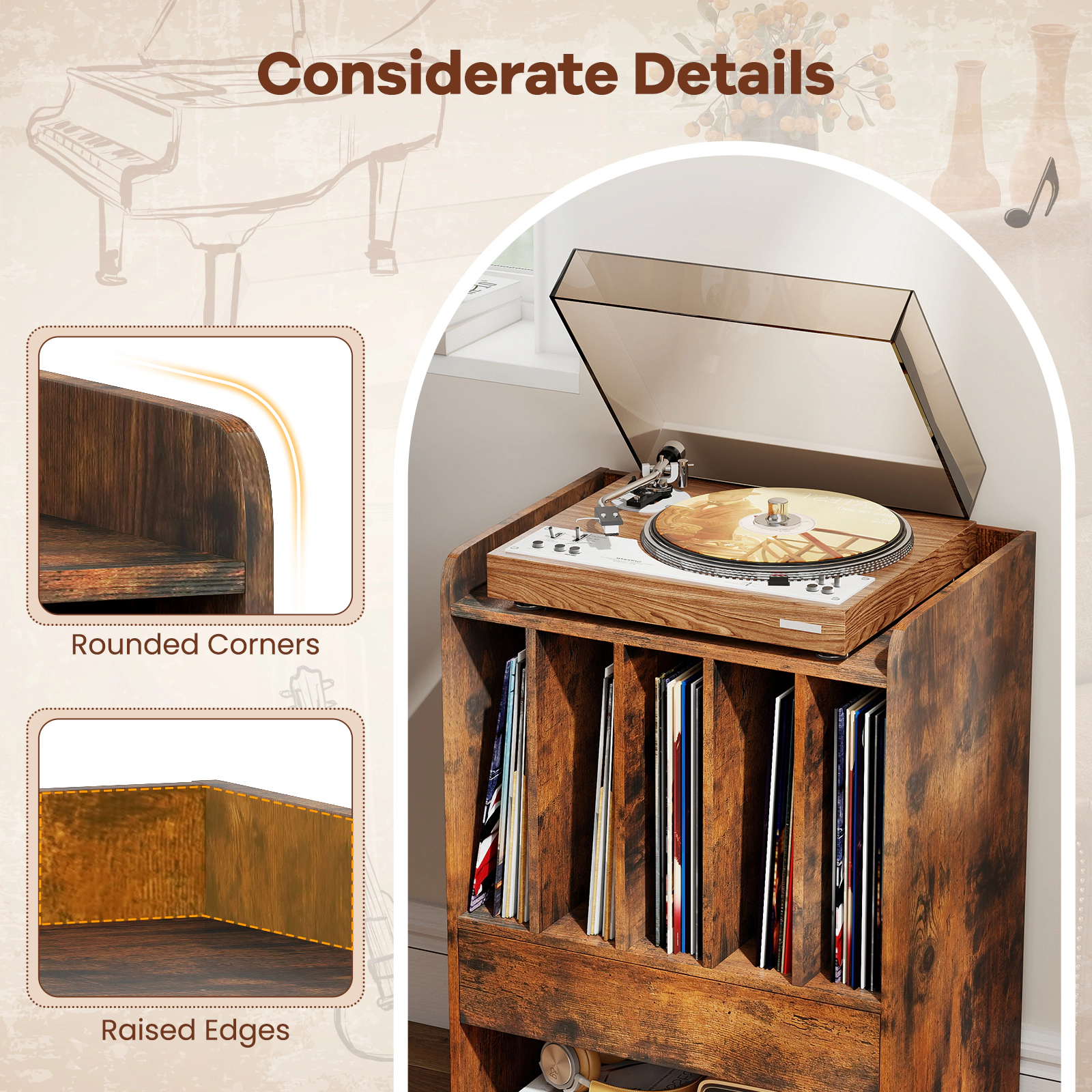 SUGIFT Record Player Stand Turntable Accent Cabinet with Drawer and Record Holder 66-lb Tabletop Capacity Brown