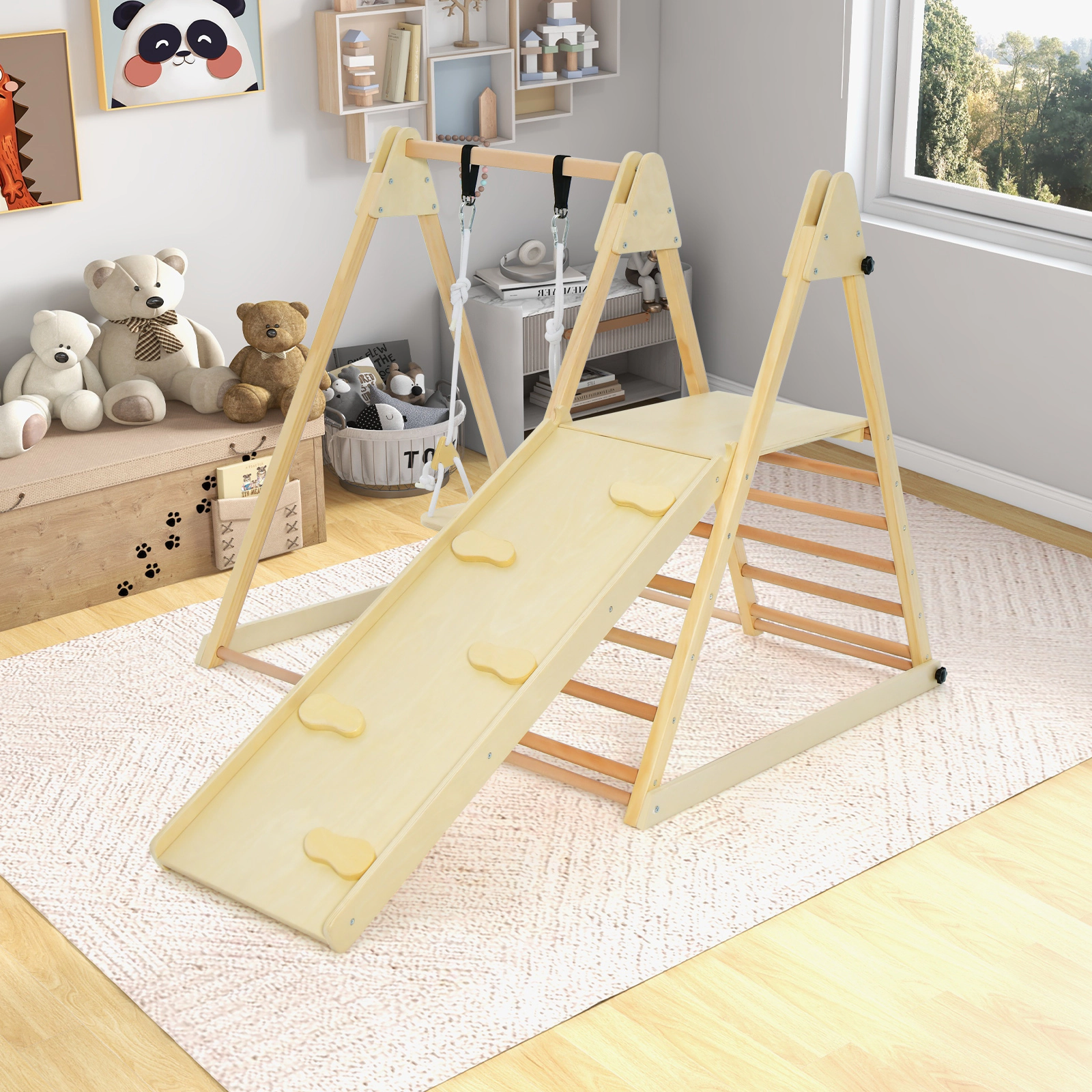 SUGIFT Natural 5-in-1 Foldable Wooden Kids Climber with Slide and Adjustable Swing 275-lb Total 4.5-in Folded