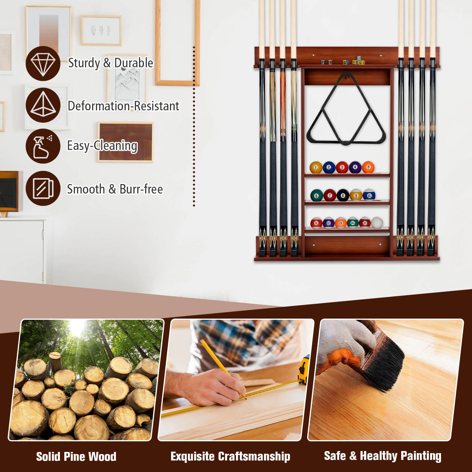 SUGIFT Brown Wall Mounted Billiard Pool Cue Rack with 3-Tier Ball Grooves 31-in W 3-in D 36-in H 11-lb Per Shelf