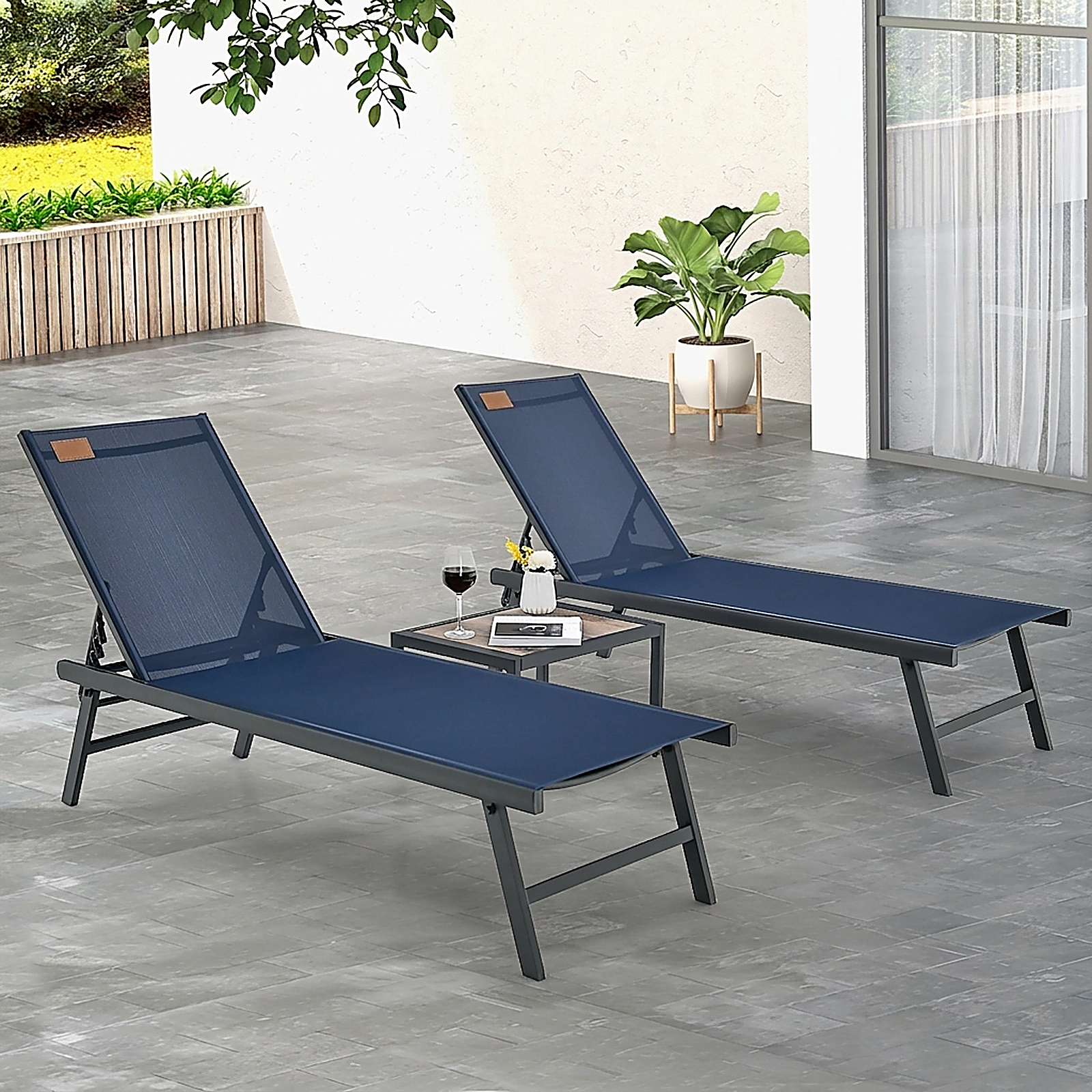 SUGIFT 3 Piece Patio Chaise Lounge Set Navy with Coffee Table for Poolside