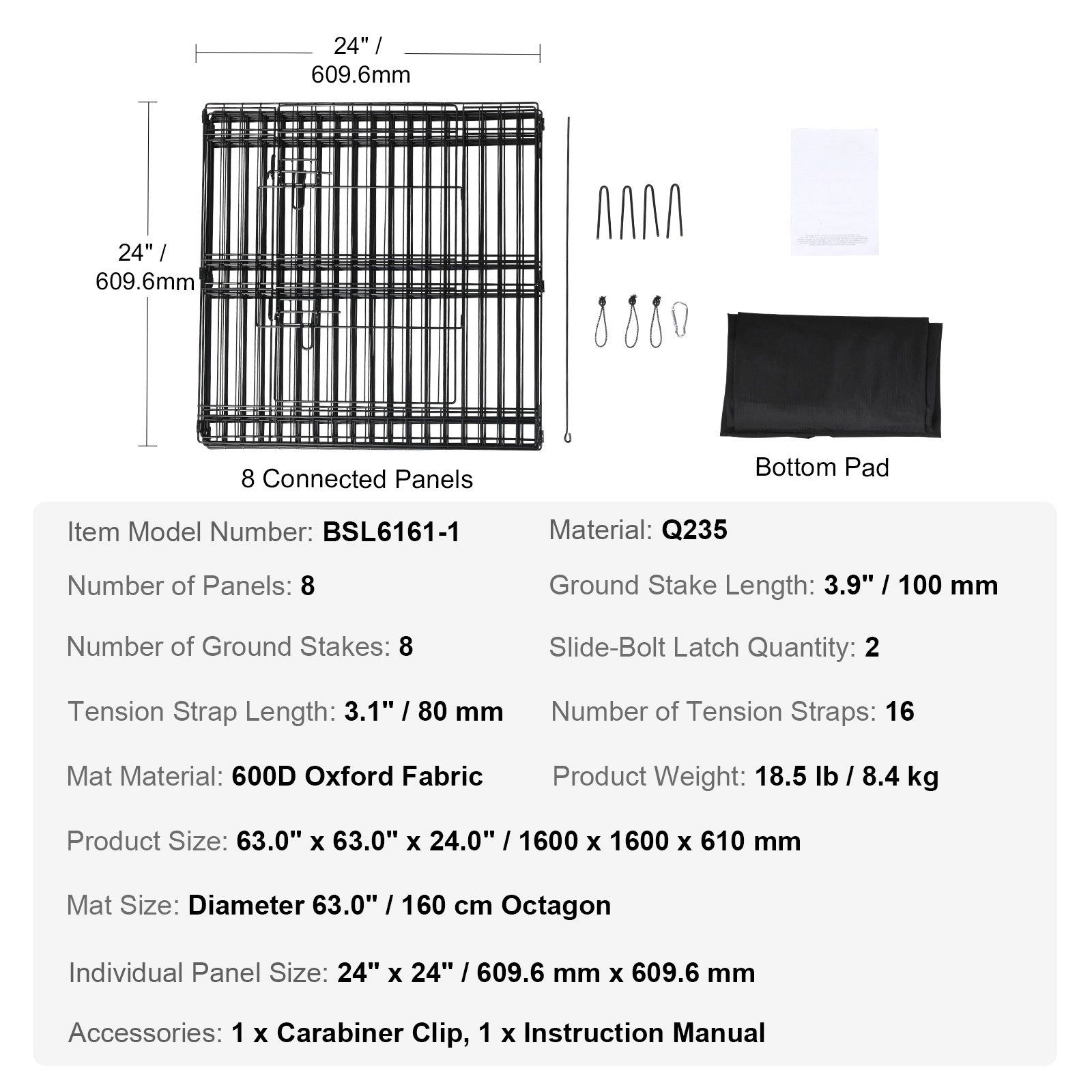 HONGGE 8-Panel Foldable Metal Dog Playpen, 24 in Tall Exercise Pen with Ground Stakes for Small to Medium Pets