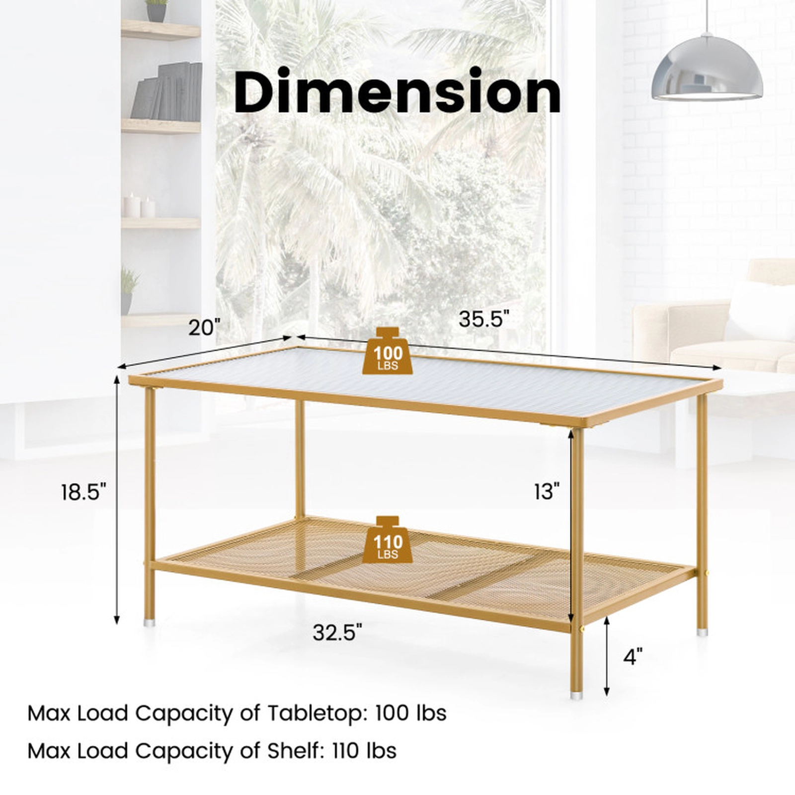SUGIFT 2-Tier Tempered Glass Top Open Shelf Metal Frame Coffee Table 35.5-in x 20-in x 18.5-in 100-lb Capacity Gold
