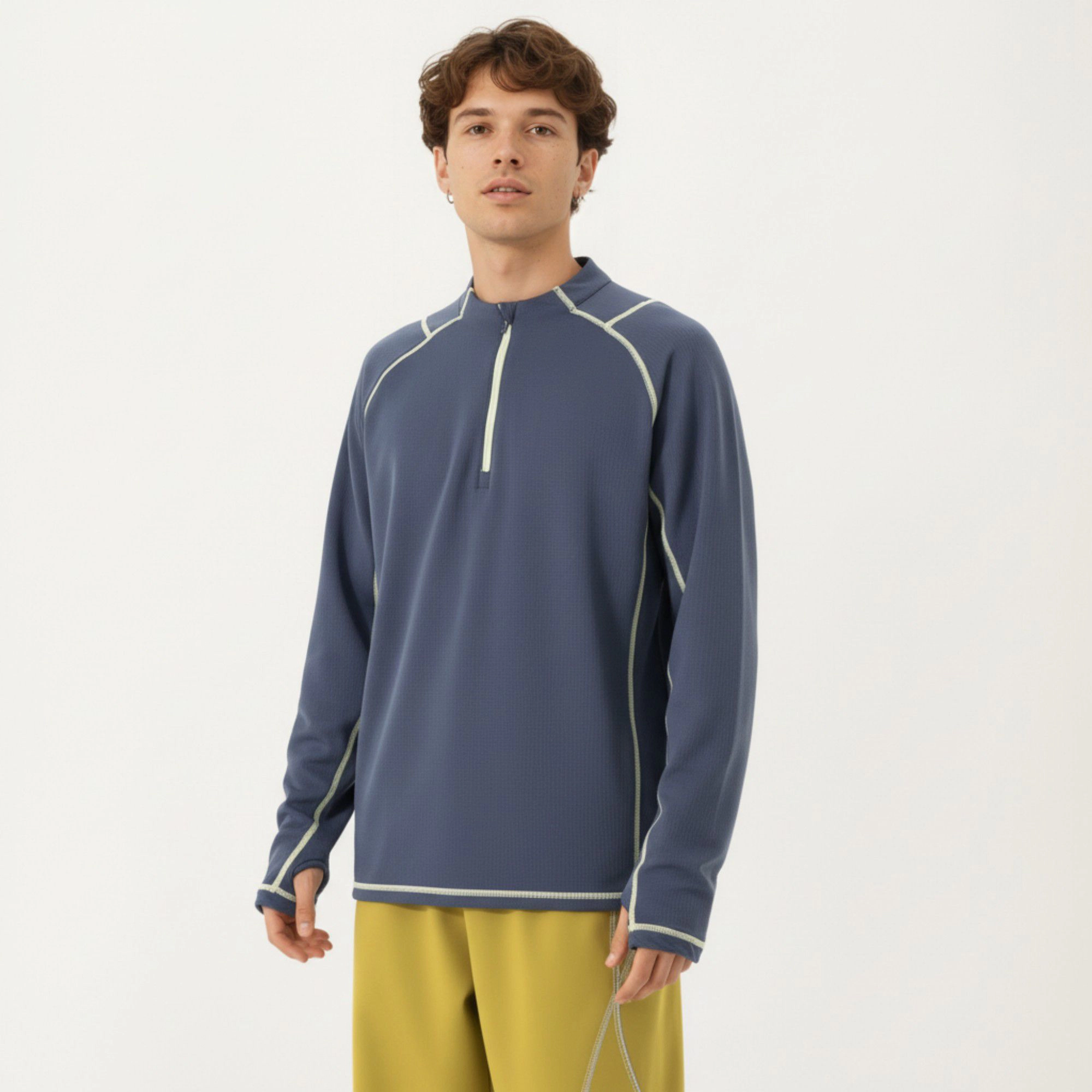 Anna-Kaci Men's Long Sleeve Half-Zip Pullover Top with Textured Knit Fabric and Contrast Seam Detailing