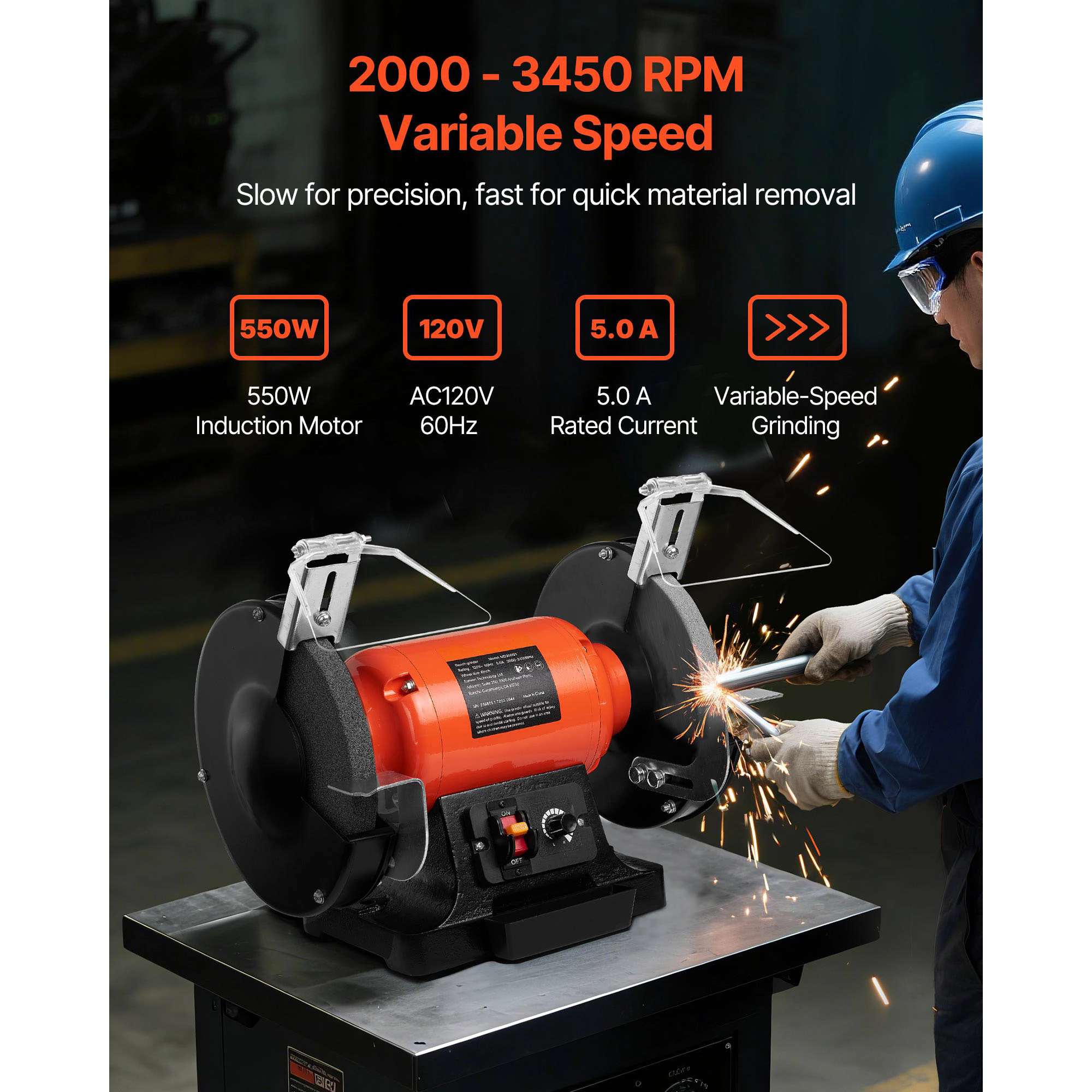 HONGGE Bench Grinder Speed Bench Grinder Table Grinders with Induction Motor 36/60-Grit Grinding & Adjustable for