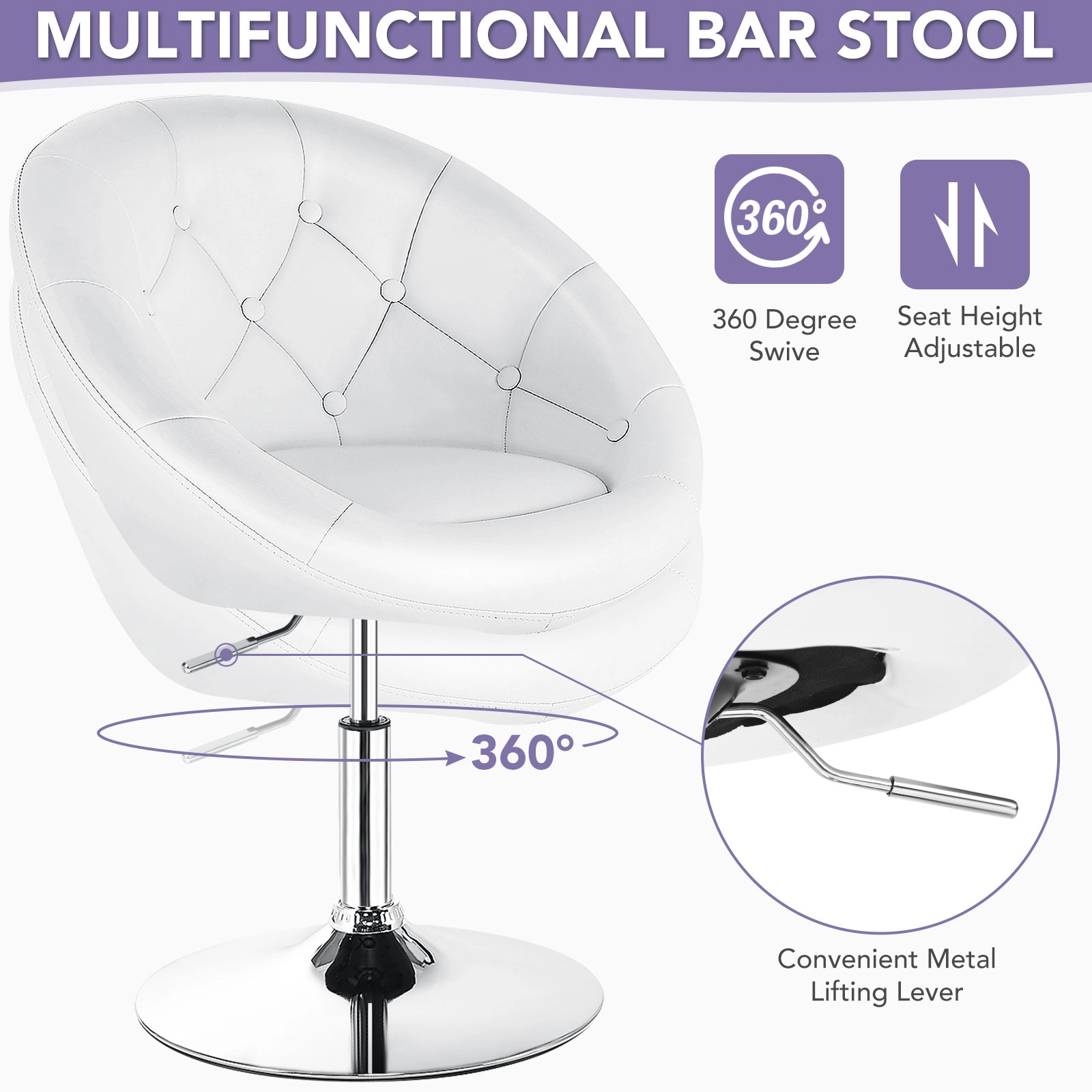 SUGIFT Adjustable Height 330-lb Capacity White Tufted Round Back Swivel Accent Chair with Chrome Frame