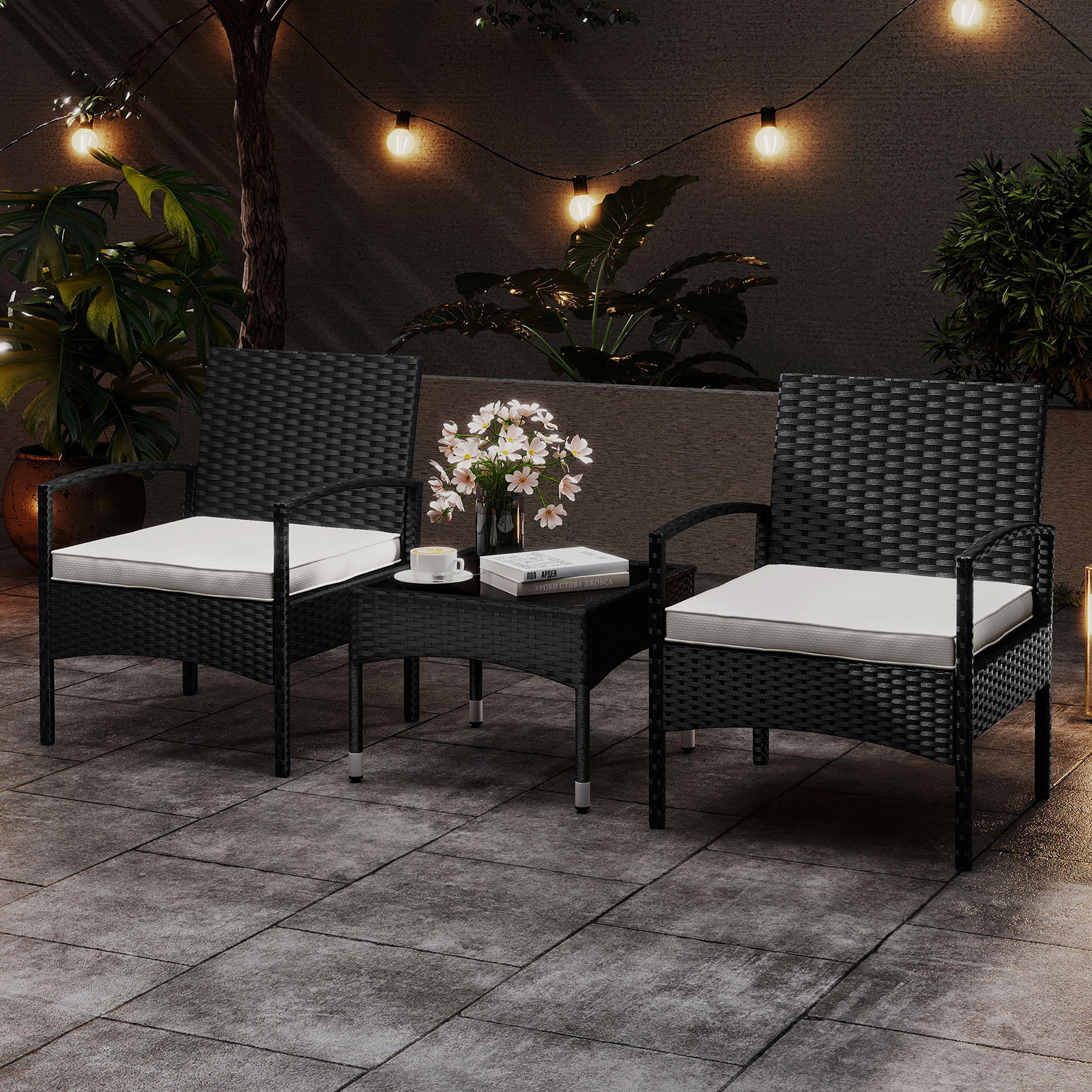 SUGIFT 3-Piece PE Rattan Patio Conversation Set Bistro Chairs & Table 400-lb Chair Capacity Black Rattan Beige Cushions
