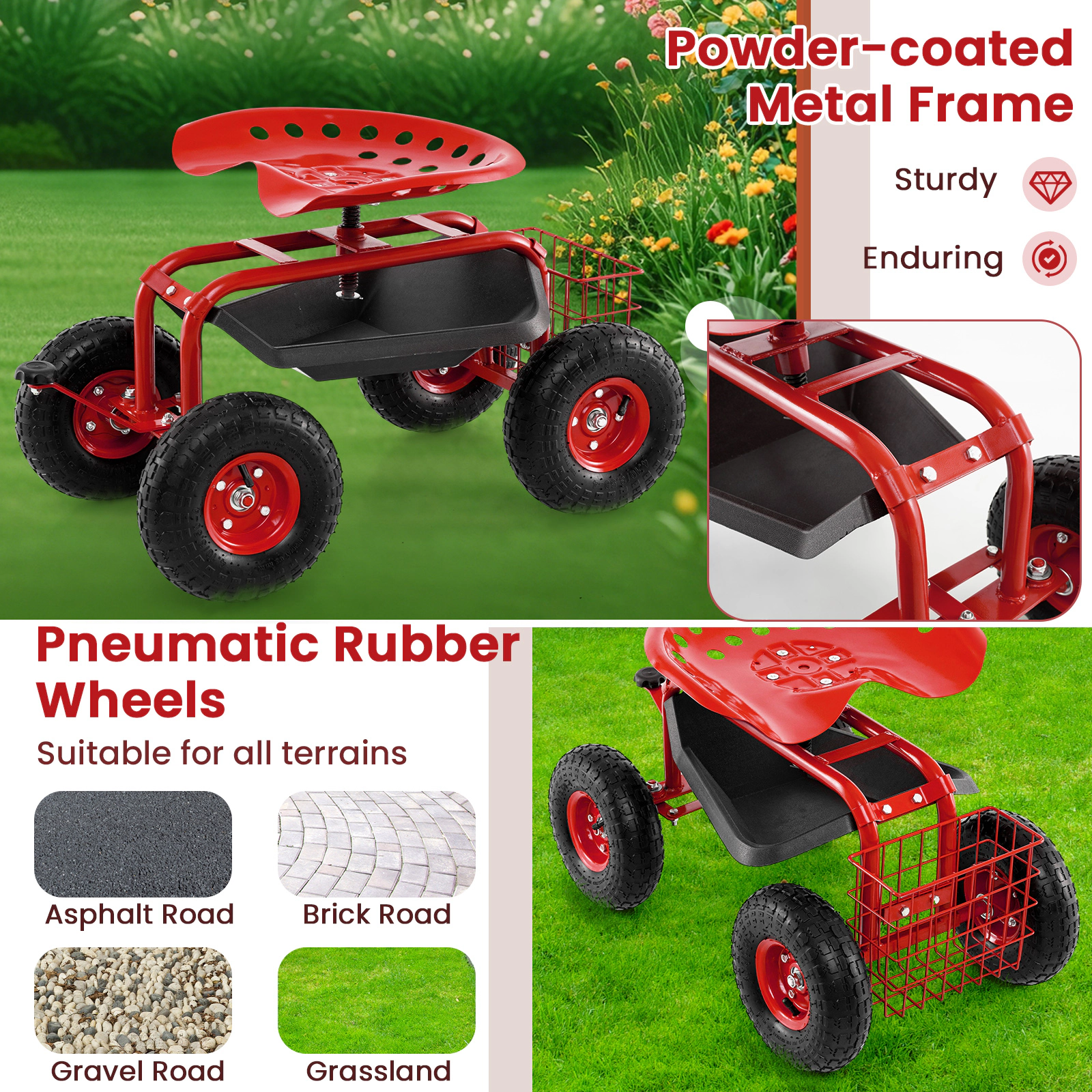 SUGIFT Red 330-lb Capacity 4-Wheel Rolling Garden Cart Work Seat Shop Stool with Tool Tray and Tires