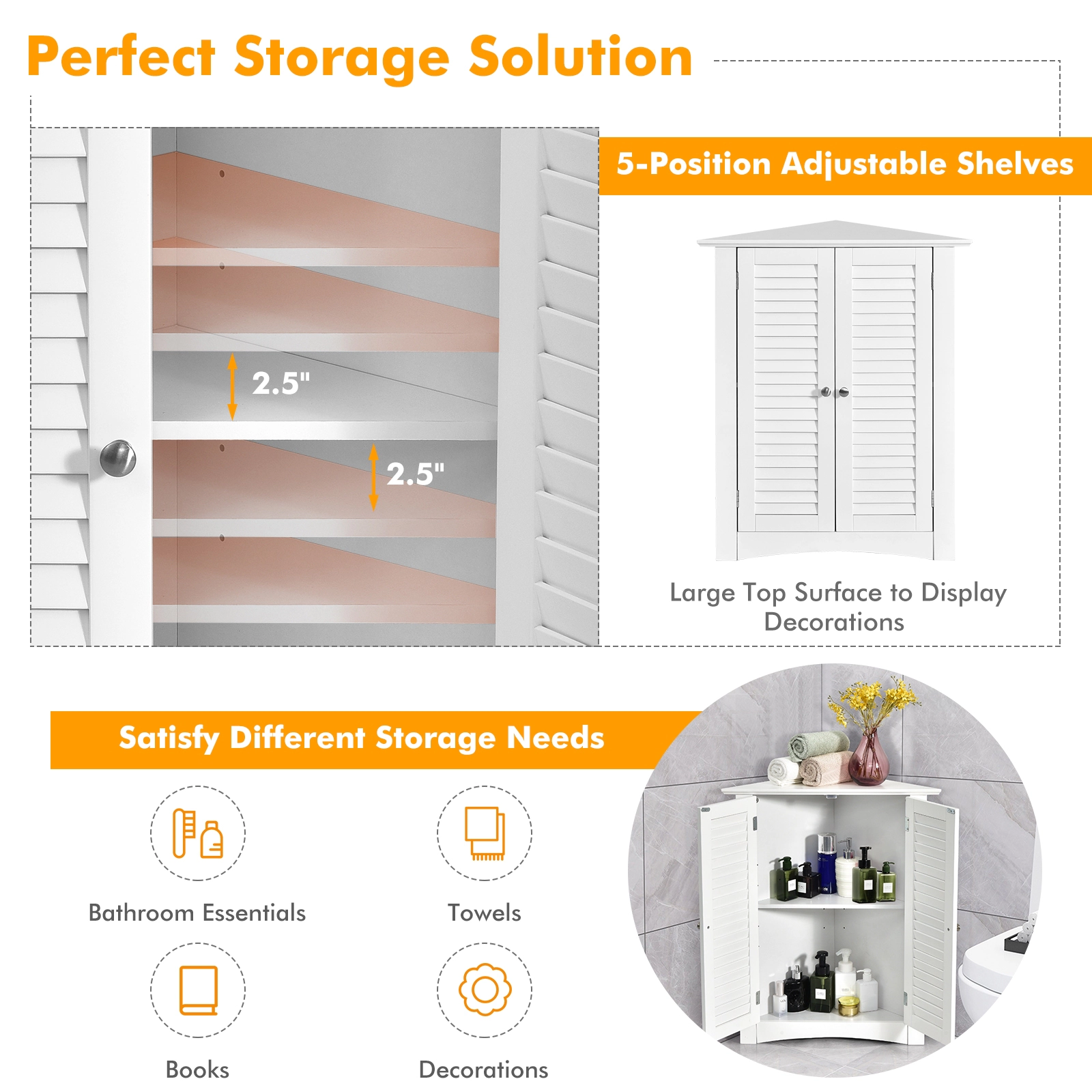 SUGIFT White 66-lb Capacity Corner Bathroom Storage Cabinet with Shutter Doors and Adjustable Shelf