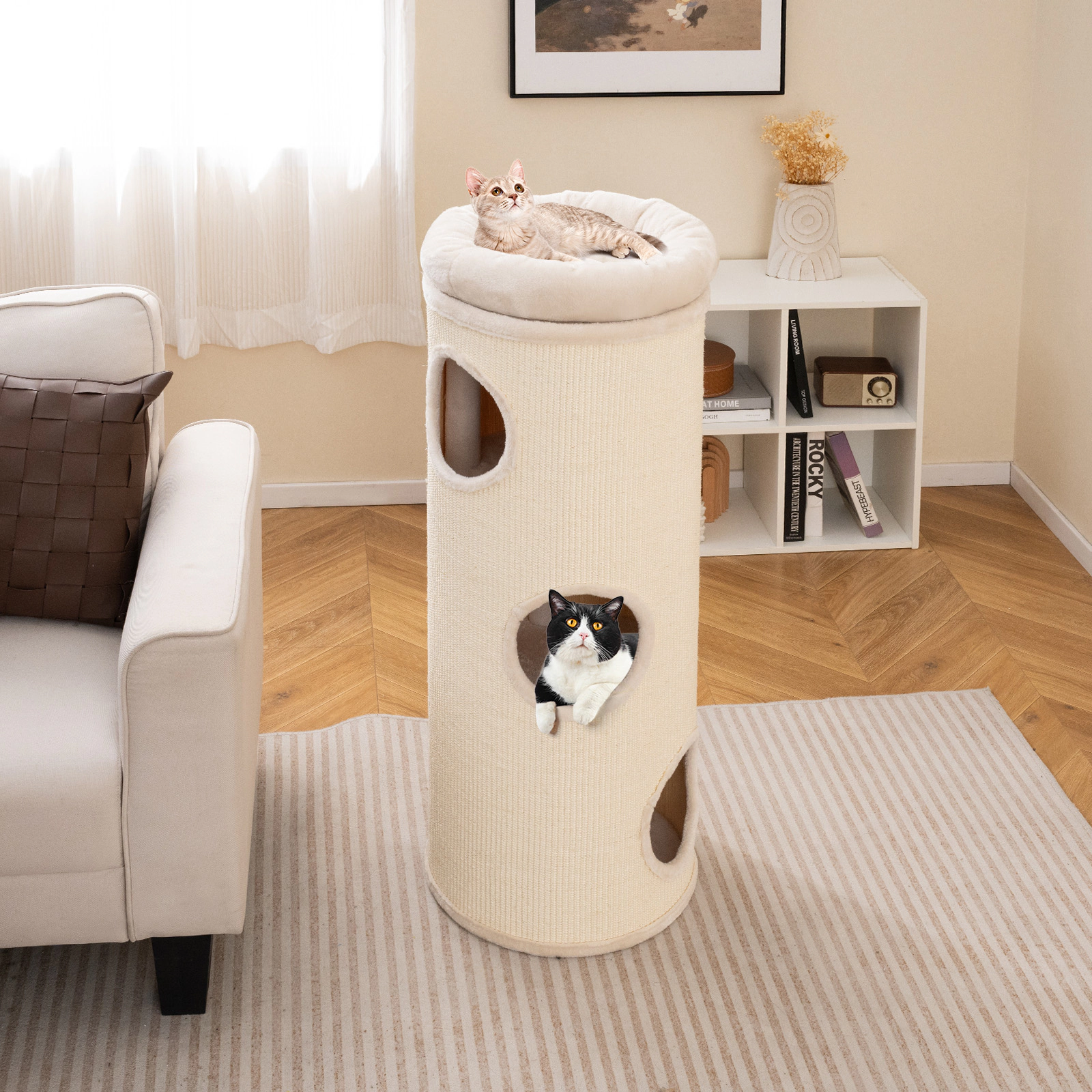 Glintex 49-Inch 4-Story Elevated Cat House with Bamboo Mat and Sisal Board, Beige
