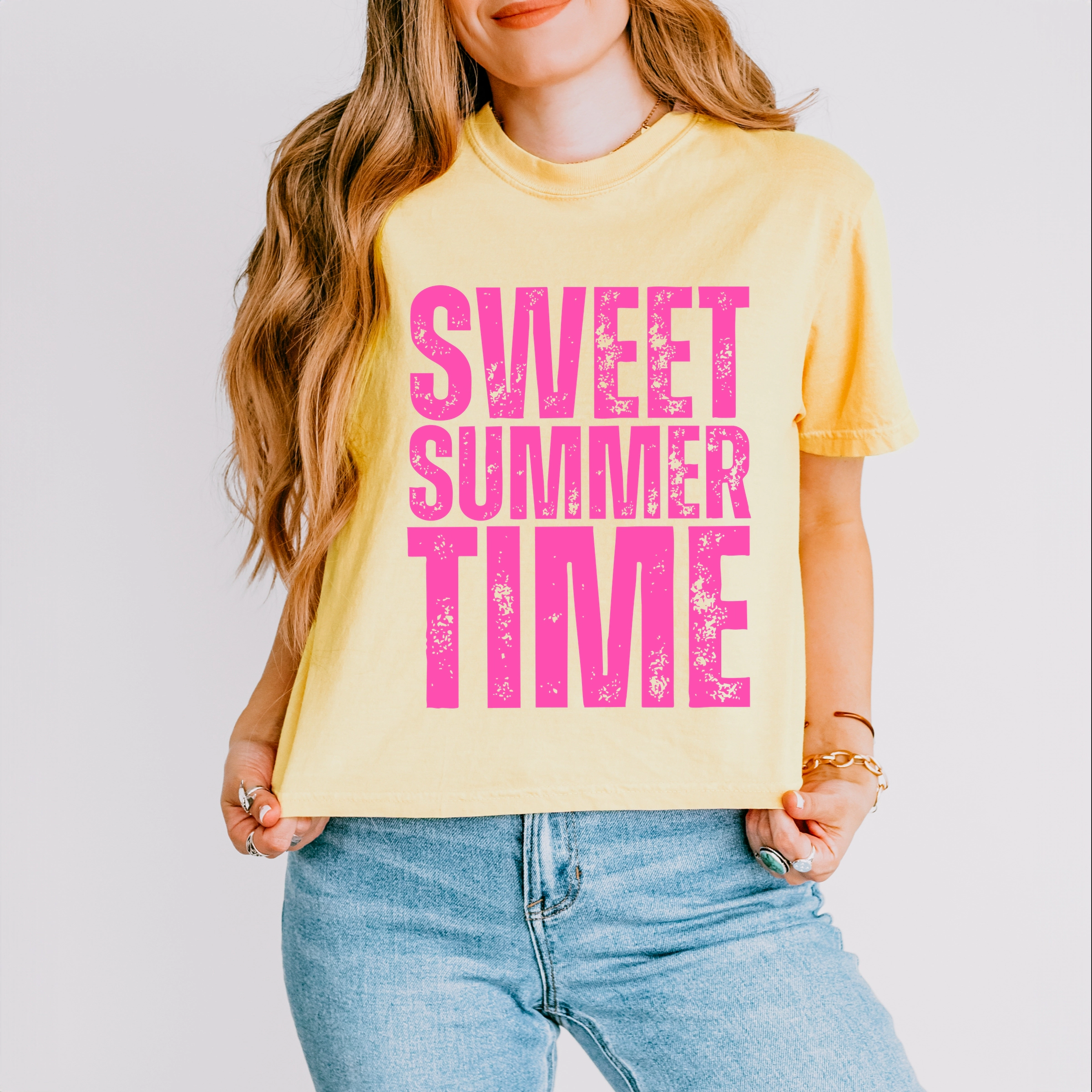 Simply Sage Market - Sweet Summer Time Block Distressed Women's Boxy Crop Top Graphic T-Shirt