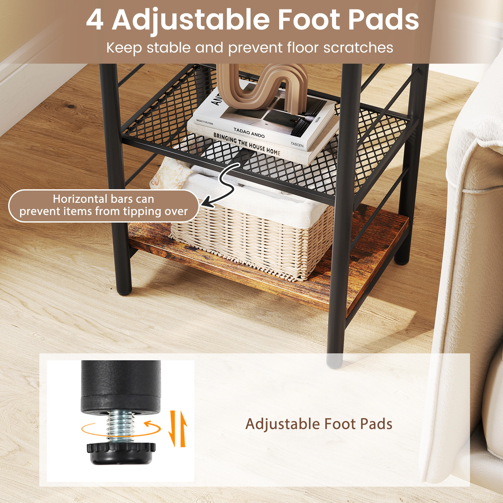 Glintex 3-Tier Industrial Bedside Table with Adjustable Mesh Shelves and Metal Frame, Black