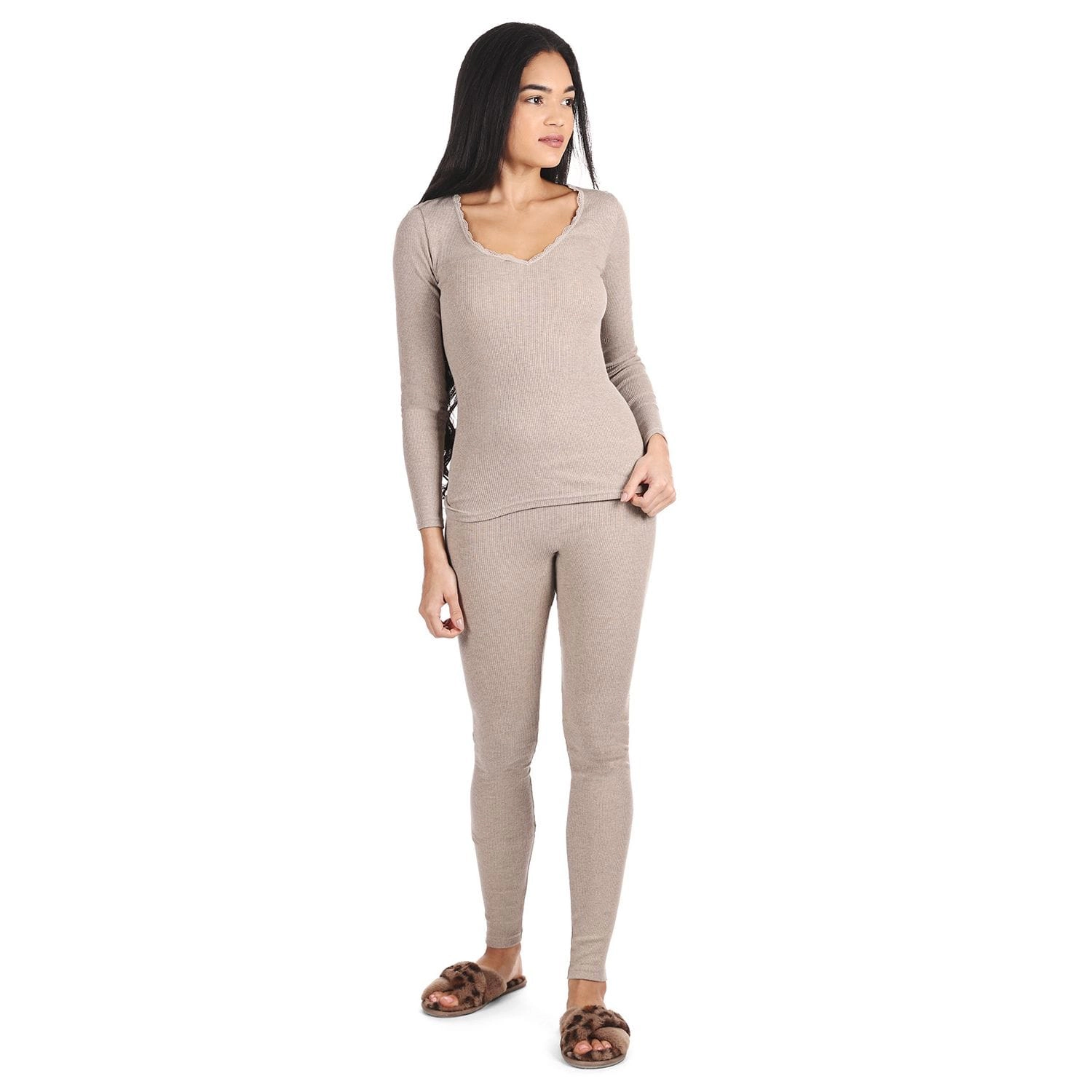 Memoi Women's Organic Cotton Seamless Rib Lace Long Sleeve Top