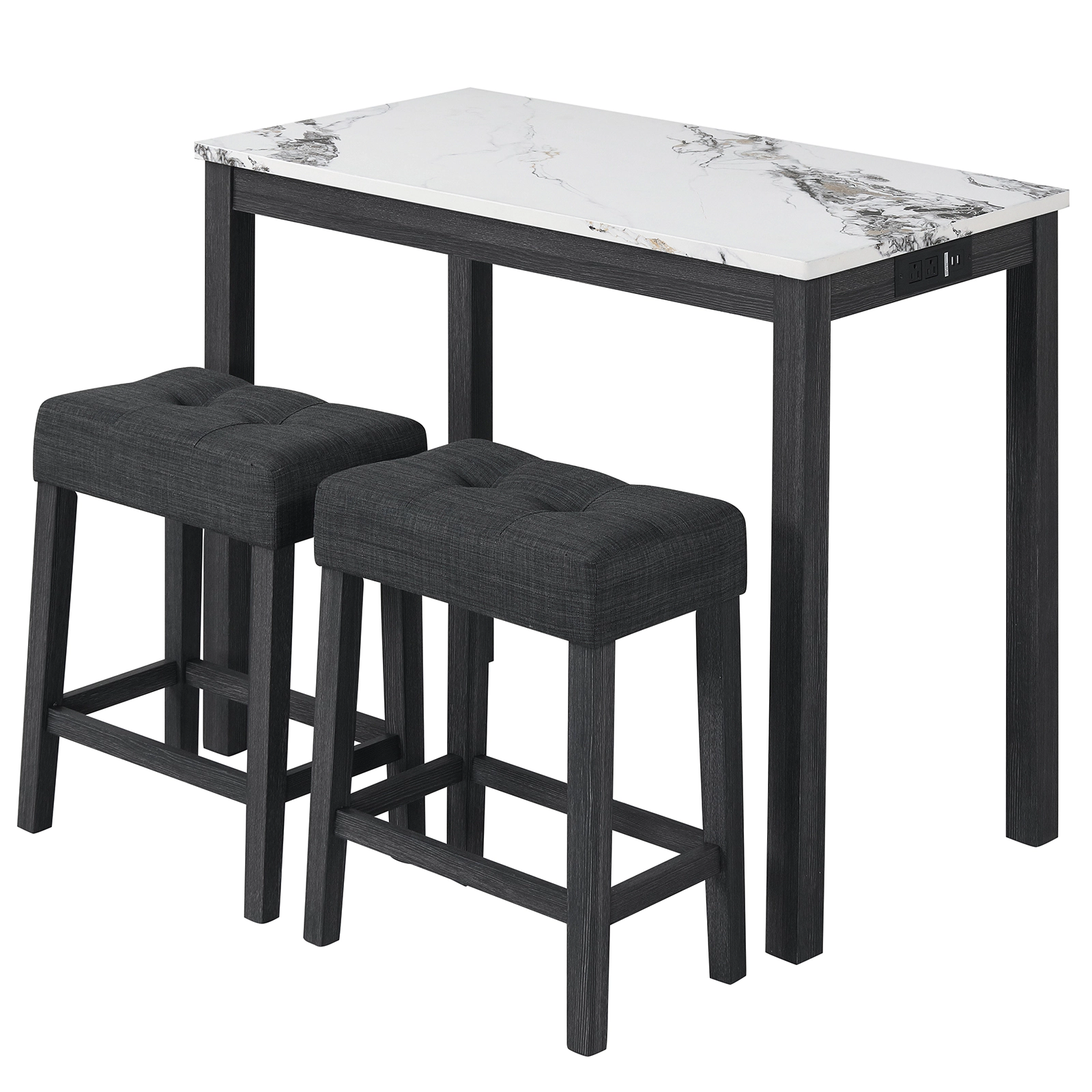 SUGIFT White Side Charging Station and Faux Marble Top 3-Piece Bar Table Set